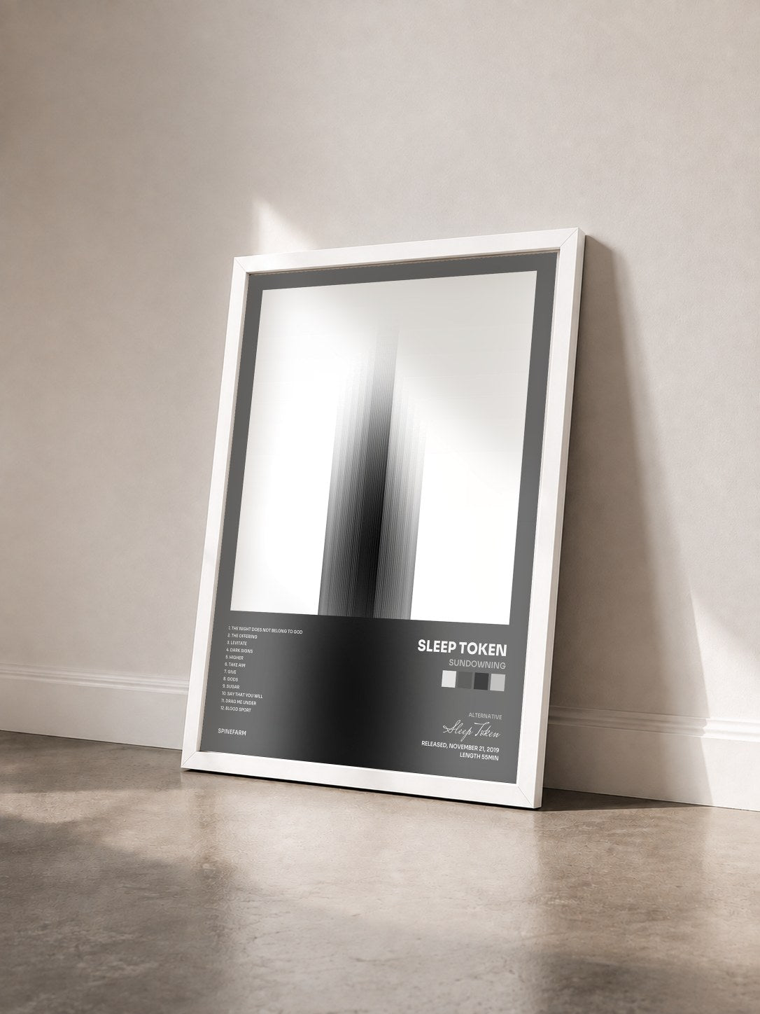#blanc Tableau de l'album Sundowning de Sleep Token vu de trois quarts, cadre blanc
