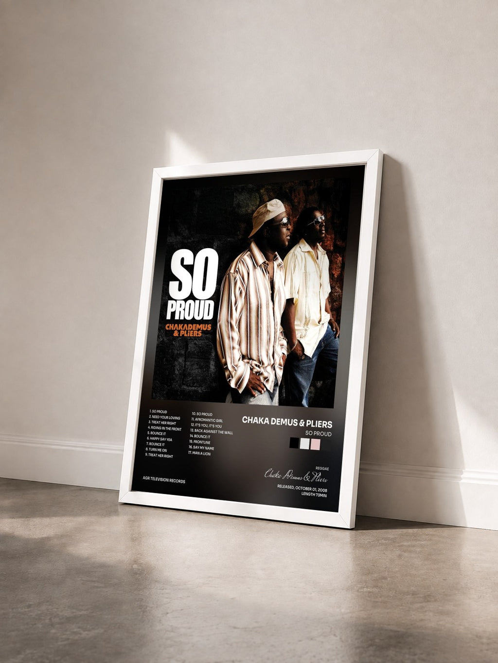 #blanc Tableau de l'album So Proud de Chaka Demus & Pliers vu de trois quarts, cadre blanc
