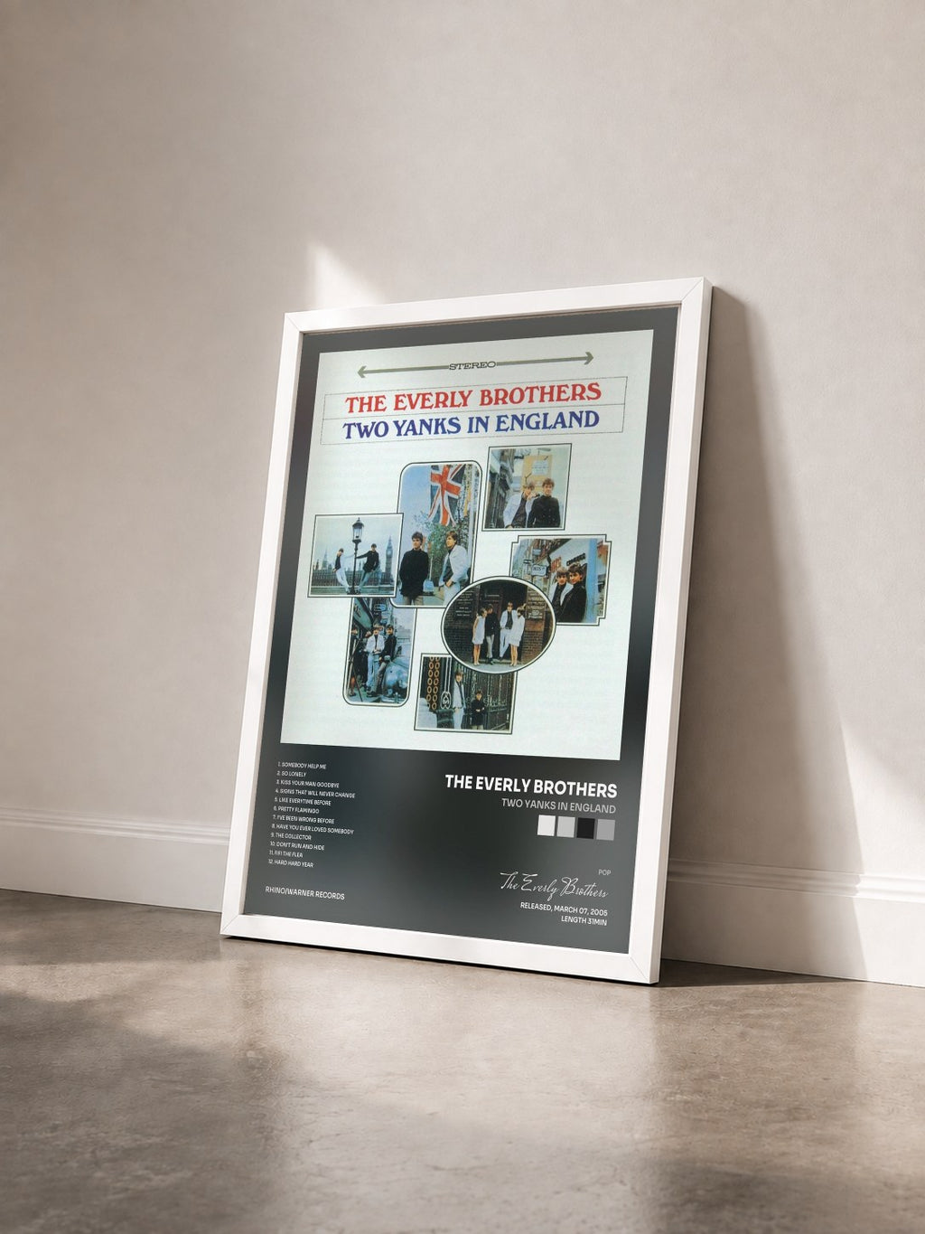 #blanc Tableau de l'album Two Yanks In England de The Everly Brothers vu de trois quarts, cadre blanc