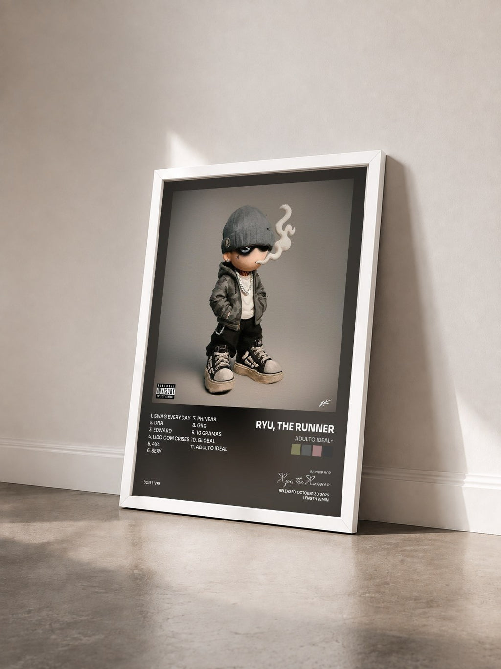 #blanc Tableau de l'album ADULTO IDEAL+ de Ryu, the Runner vu de trois quarts, cadre blanc