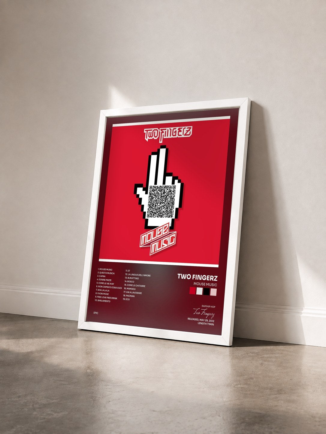 #blanc Tableau de l'album Mouse Music de Two Fingerz vu de trois quarts, cadre blanc