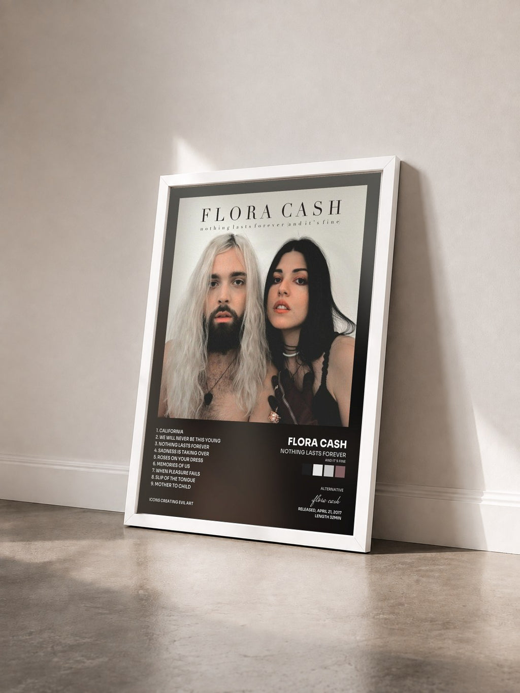 #blanc Tableau de l'album Nothing Lasts Forever (And It's Fine) de flora cash vu de trois quarts, cadre blanc