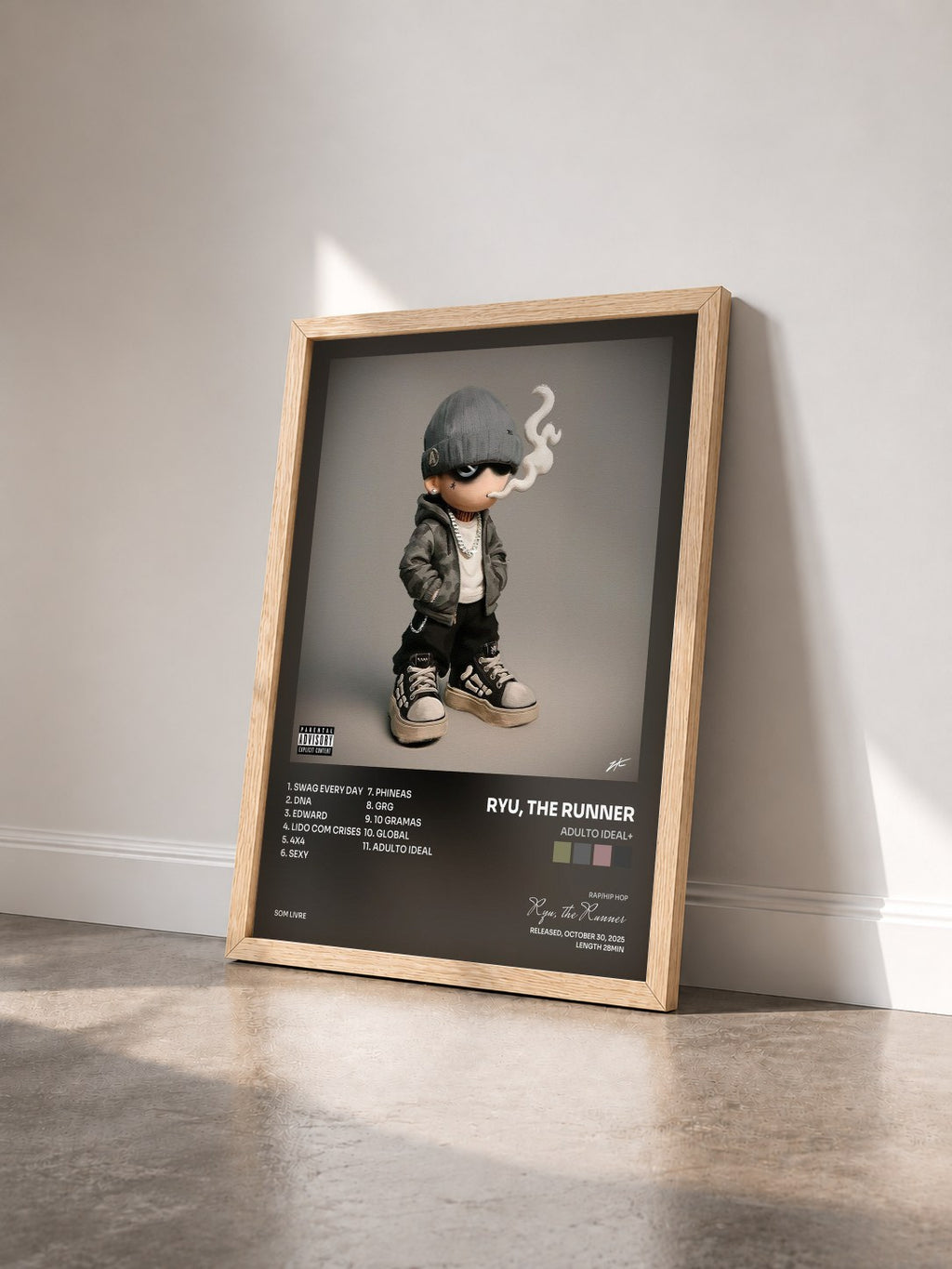 #bois Tableau de l'album ADULTO IDEAL+ de Ryu, the Runner vu de trois quarts, cadre en bois brut