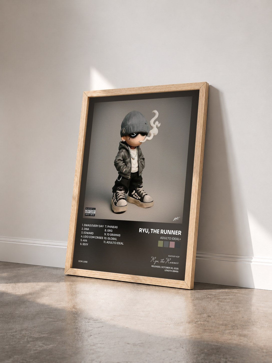 #bois Tableau de l'album ADULTO IDEAL+ de Ryu, the Runner vu de trois quarts, cadre en bois brut
