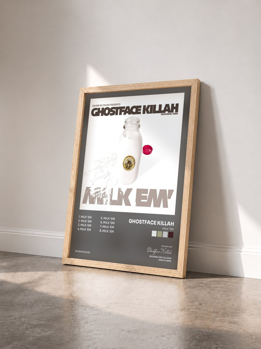 #bois Tableau de l'album Milk 'Em de Ghostface Killah vu de trois quarts, cadre en bois brut