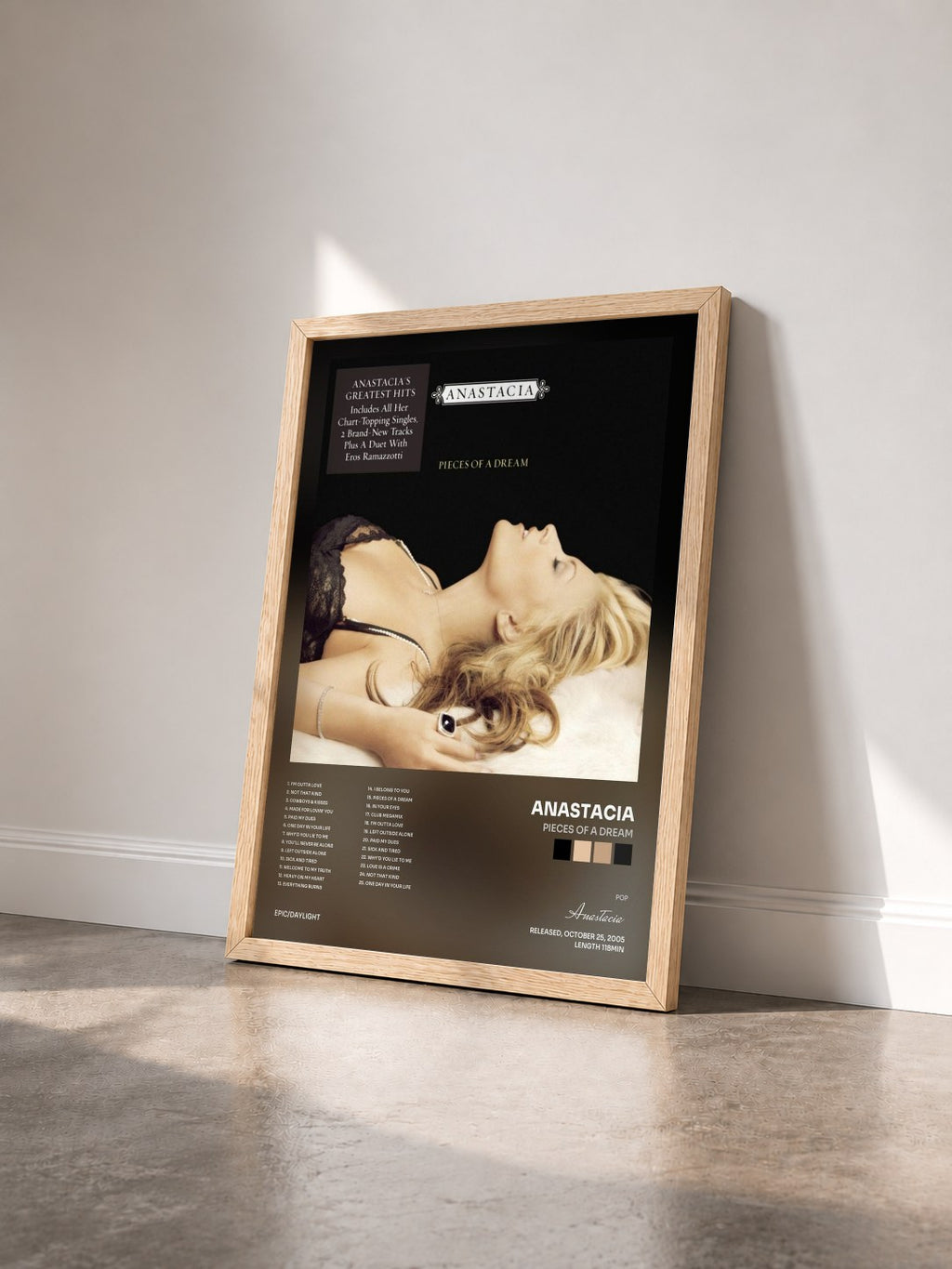 #bois Tableau de l'album Pieces of A Dream de Anastacia vu de trois quarts, cadre en bois brut