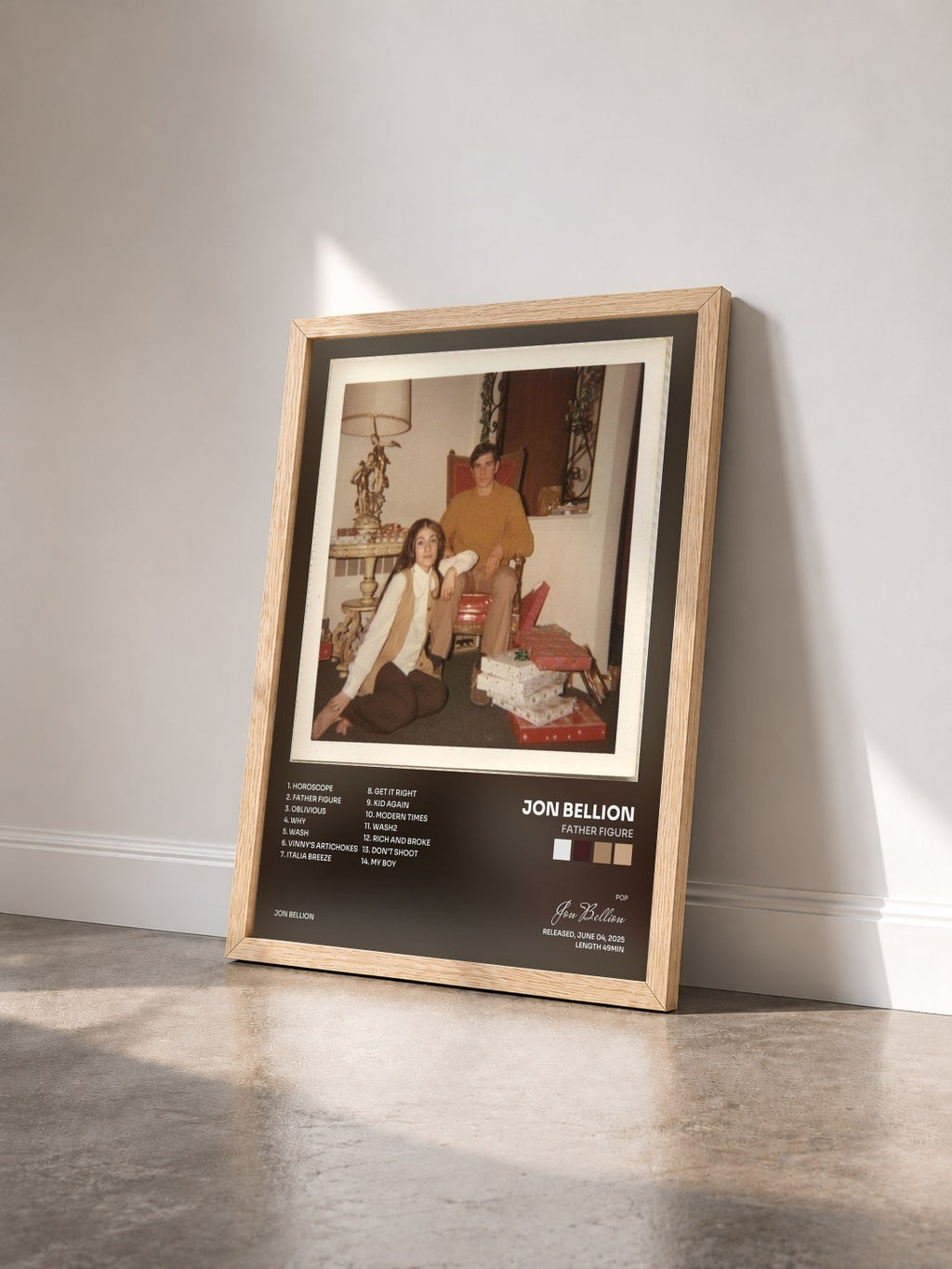 #bois Tableau de l'album FATHER FIGURE de Jon Bellion vu de trois quarts, cadre en bois brut
