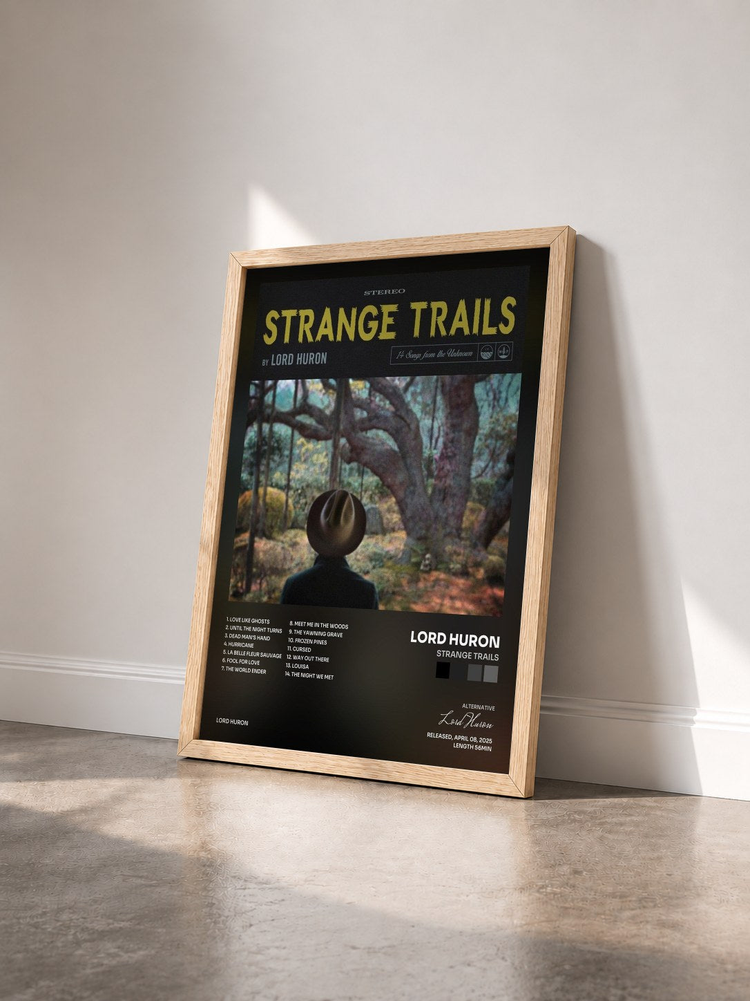 #bois Tableau de l'album Strange Trails de Lord Huron vu de trois quarts, cadre en bois brut