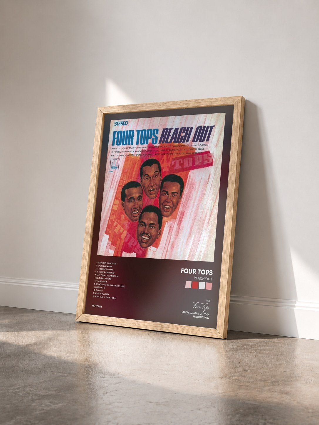 #bois Tableau de l'album Reach Out de Four Tops vu de trois quarts, cadre en bois brut