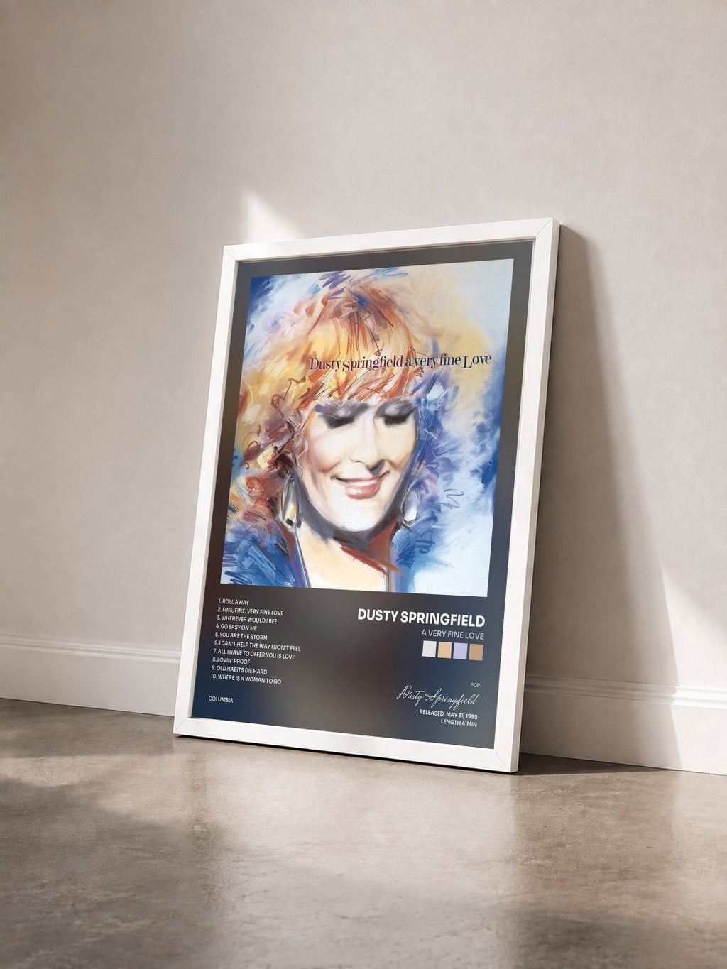 #blanc Tableau de l'album A Very Fine Love de Dusty Springfield vu de trois quarts, cadre blanc