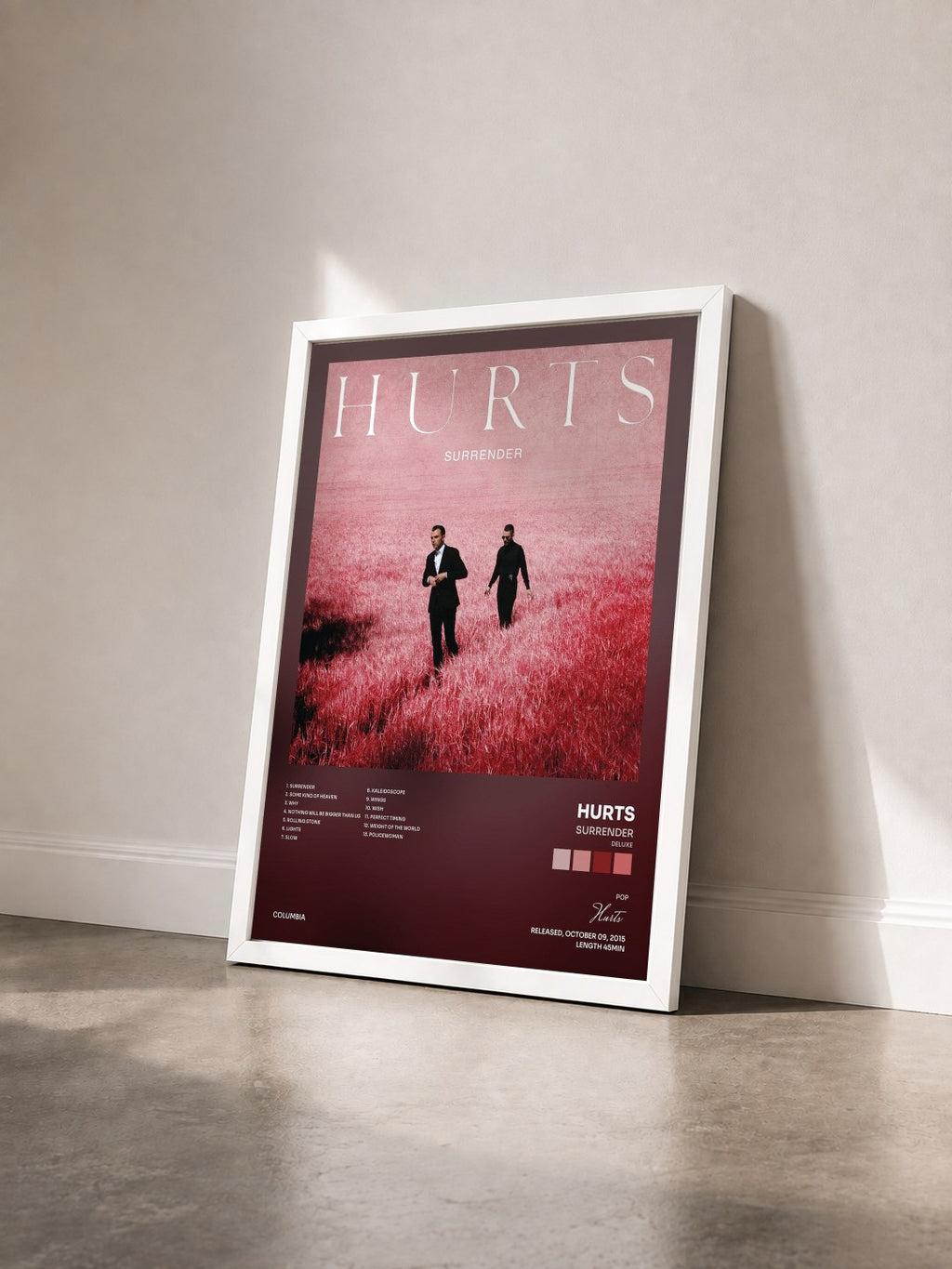 #blanc Tableau de l'album Surrender (Deluxe) de Hurts vu de trois quarts, cadre blanc