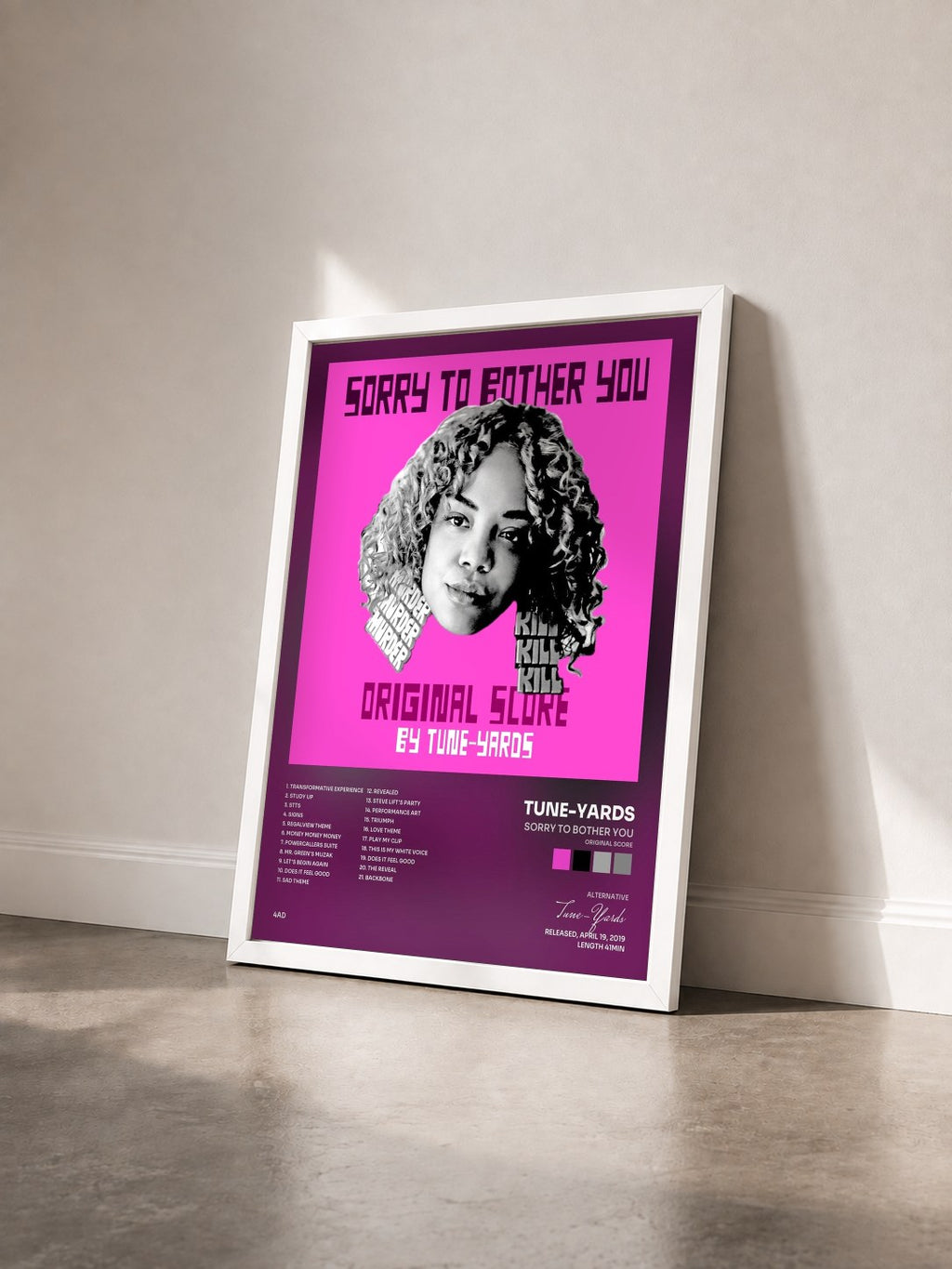 #blanc Tableau de l'album Sorry To Bother You (Original Score) de Tune-Yards vu de trois quarts, cadre blanc