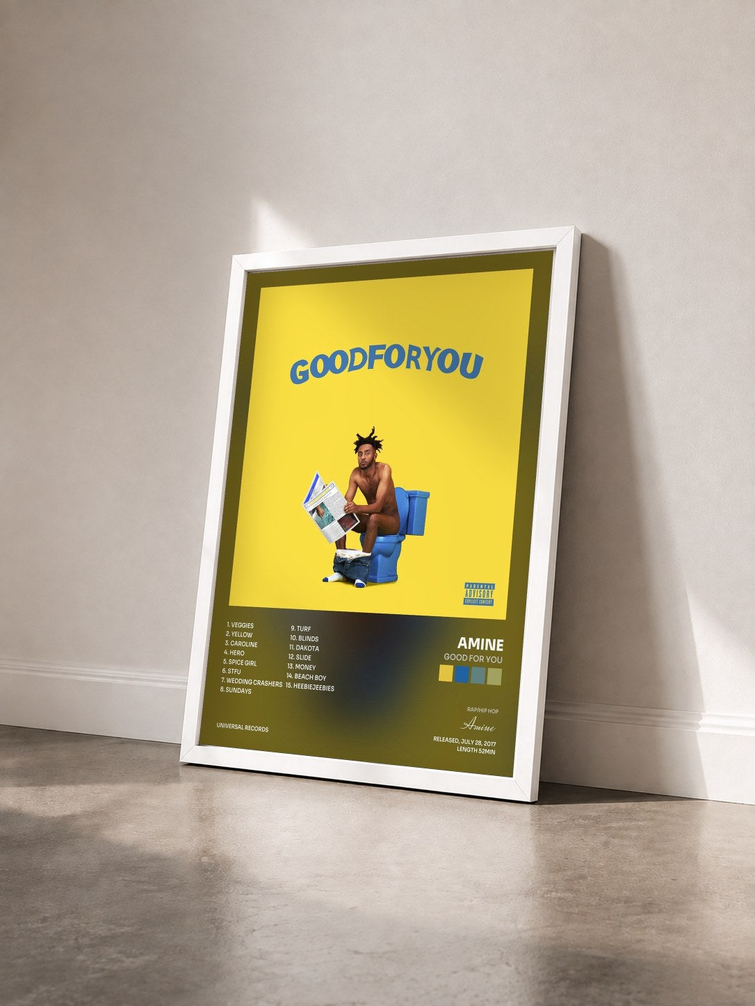 #blanc Tableau de l'album Good For You de Amine vu de trois quarts, cadre blanc