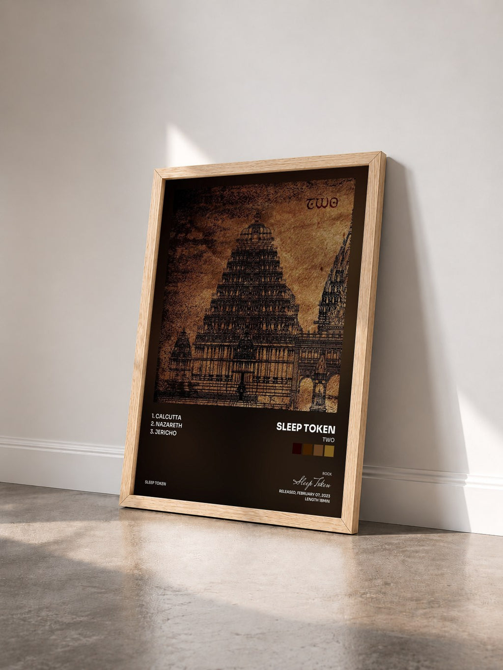#bois Tableau de l'album Two de Sleep Token vu de trois quarts, cadre en bois brut