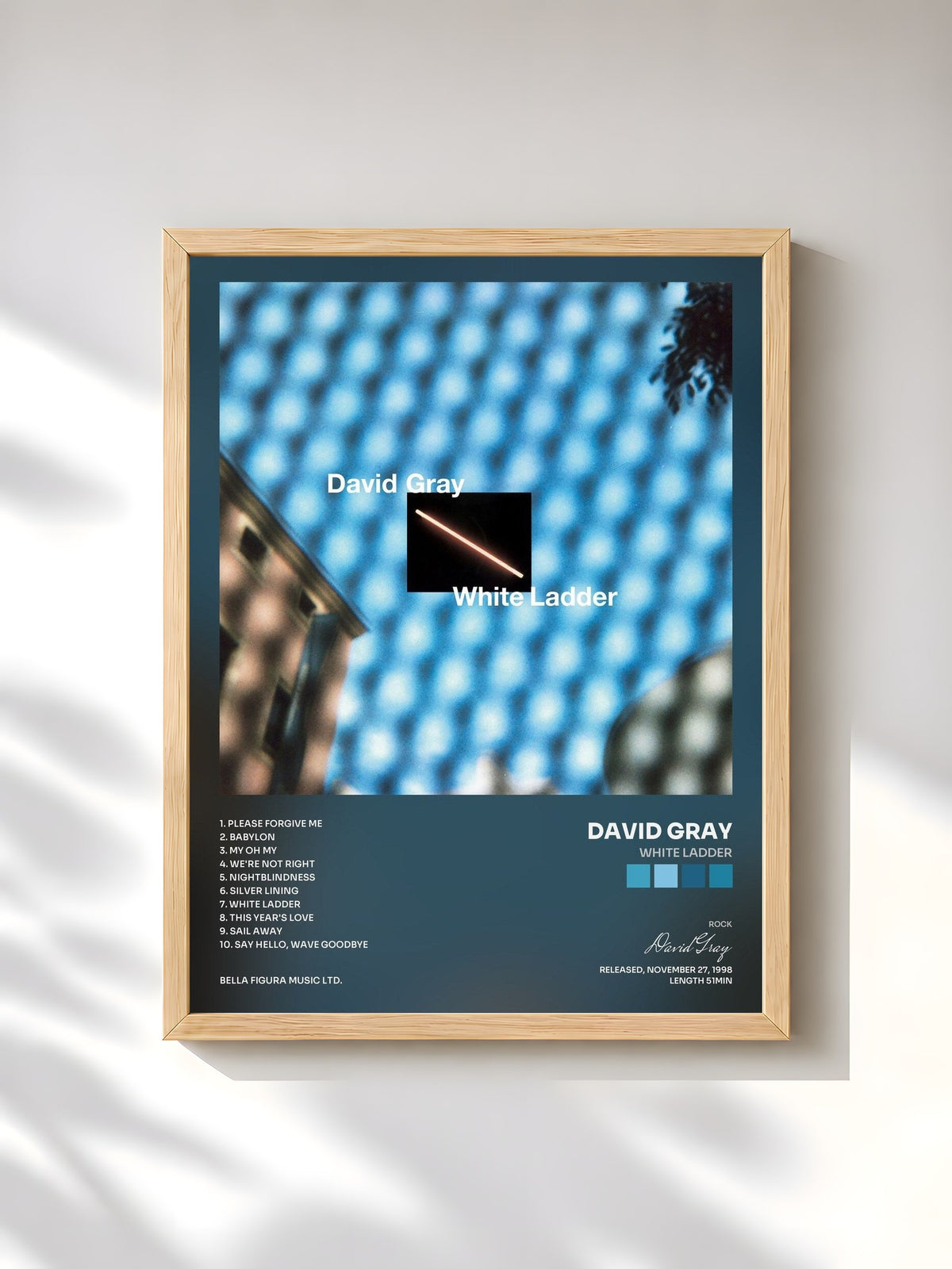 #bois Tableau de l'album White Ladder de David Gray, cadre en bois brut, imprimé et encadré en France