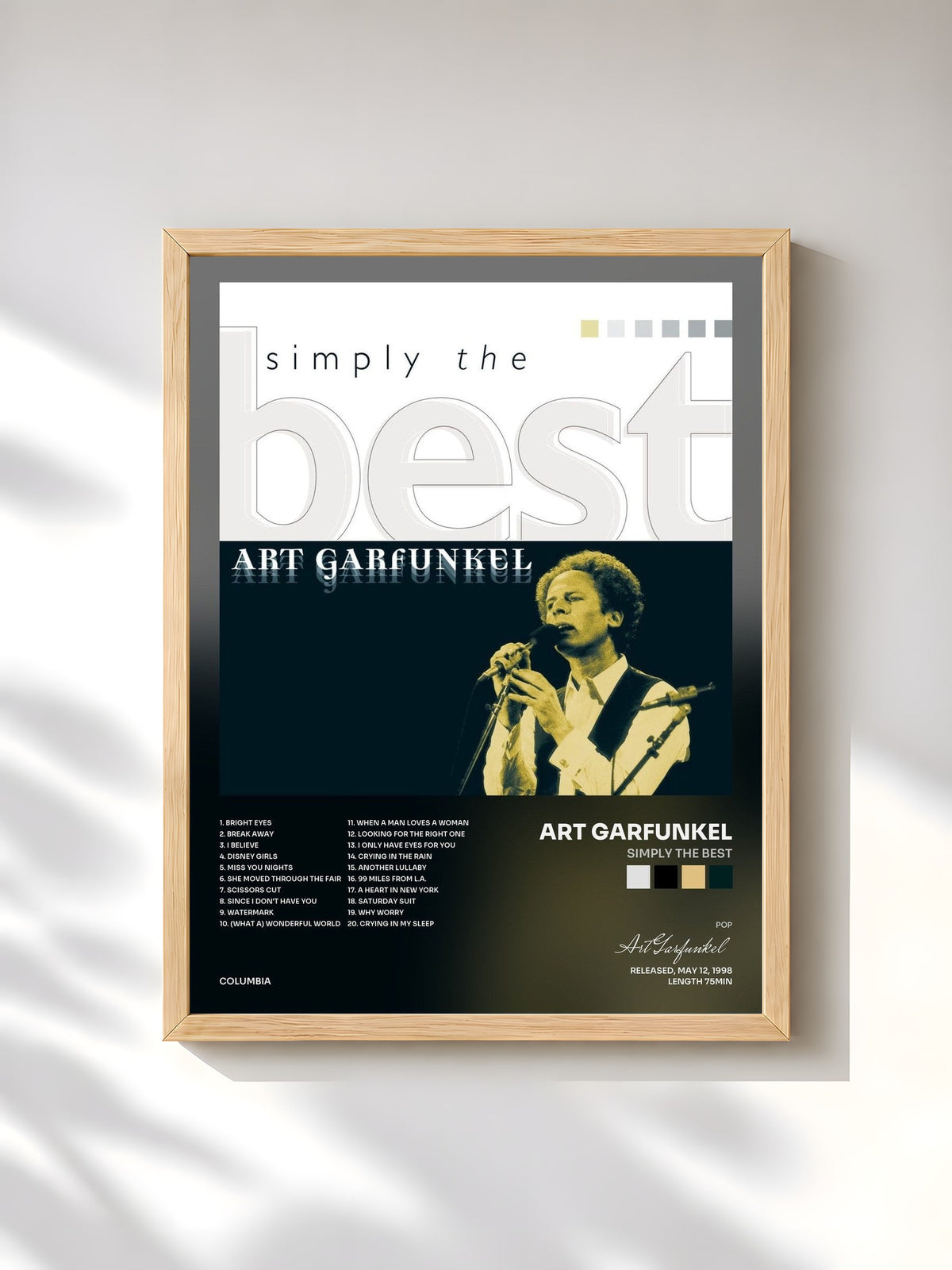 #bois Tableau de l'album Simply The Best de Art Garfunkel, cadre en bois brut, imprimé et encadré en France