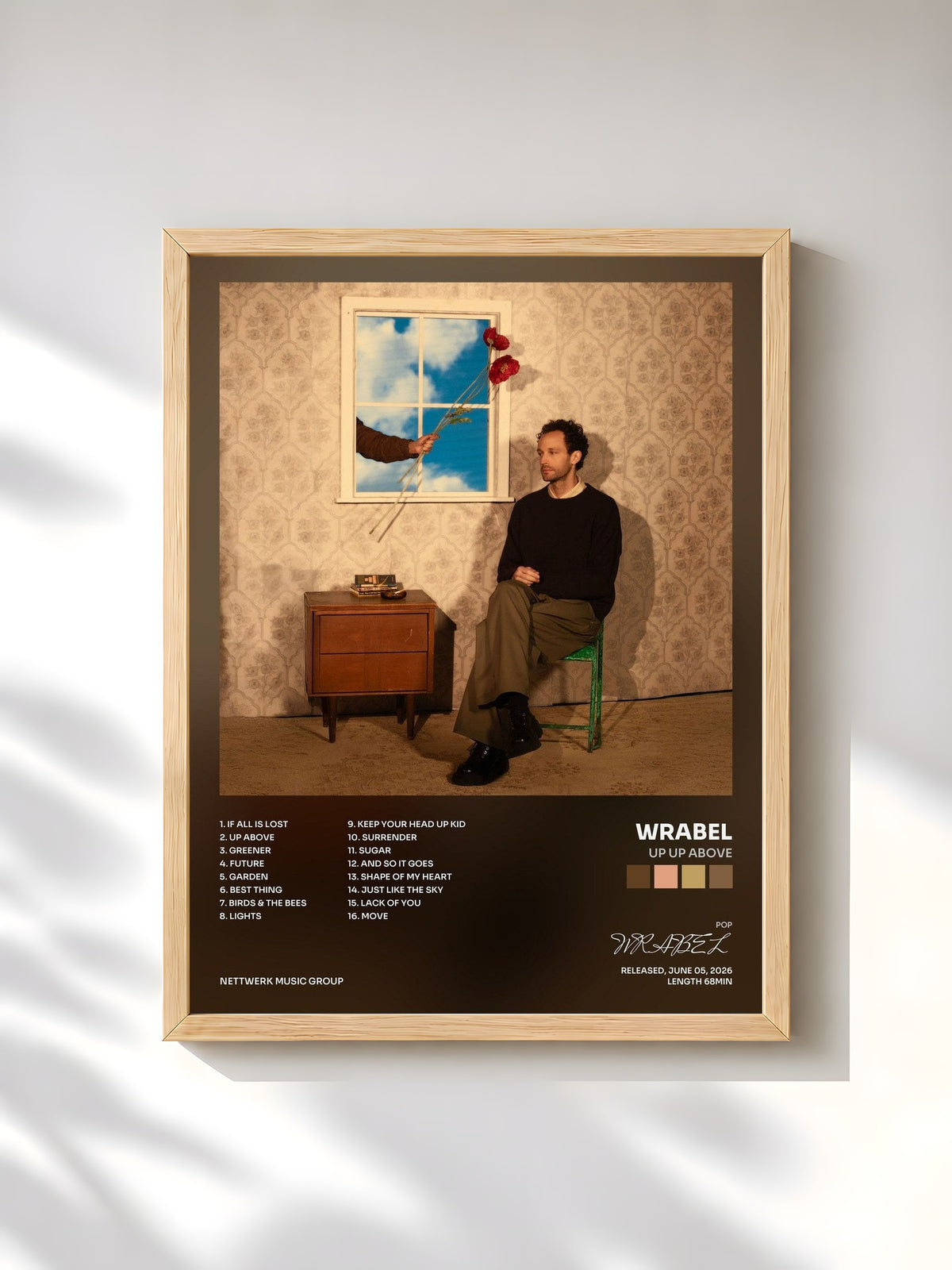 #bois Tableau de l'album up up above de WRABEL, cadre en bois brut, imprimé et encadré en France