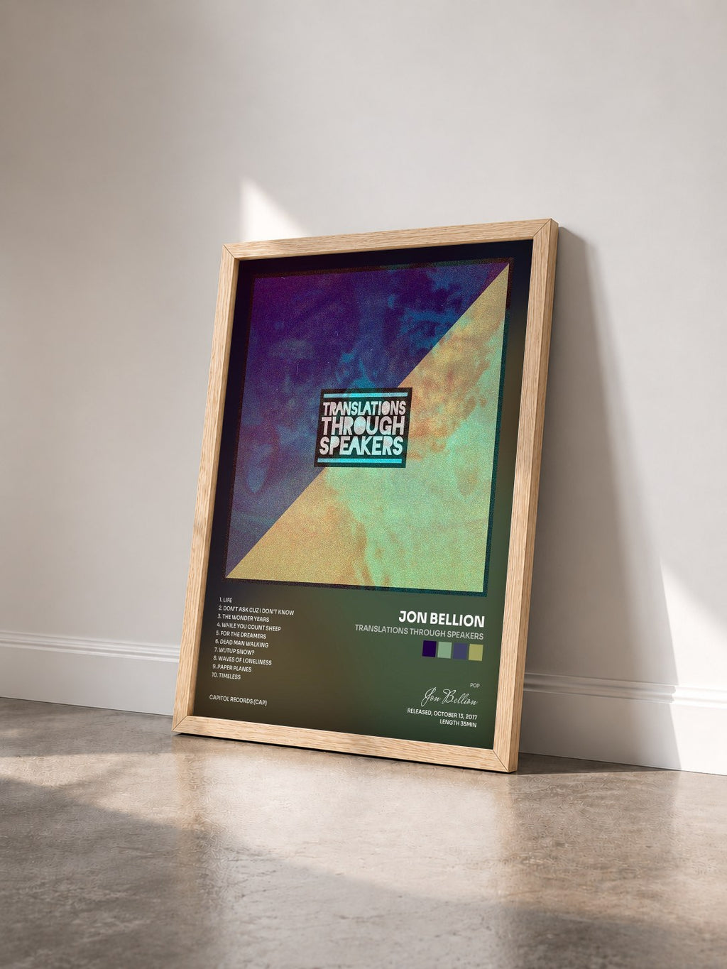 #bois Tableau de l'album Translations Through Speakers de Jon Bellion vu de trois quarts, cadre en bois brut
