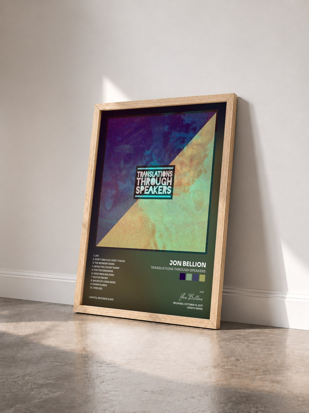#bois Tableau de l'album Translations Through Speakers de Jon Bellion vu de trois quarts, cadre en bois brut