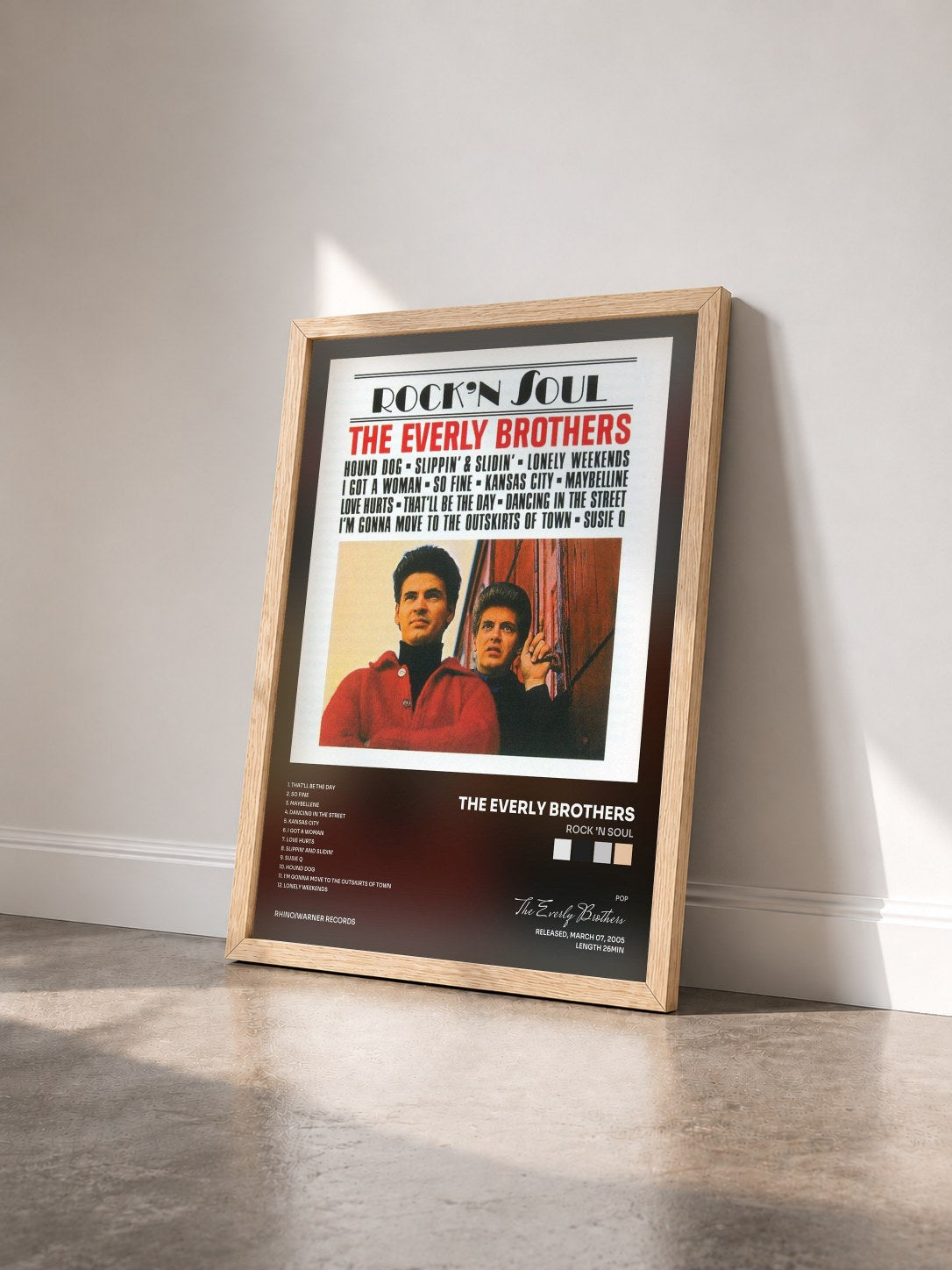 #bois Tableau de l'album Rock 'n Soul de The Everly Brothers vu de trois quarts, cadre en bois brut