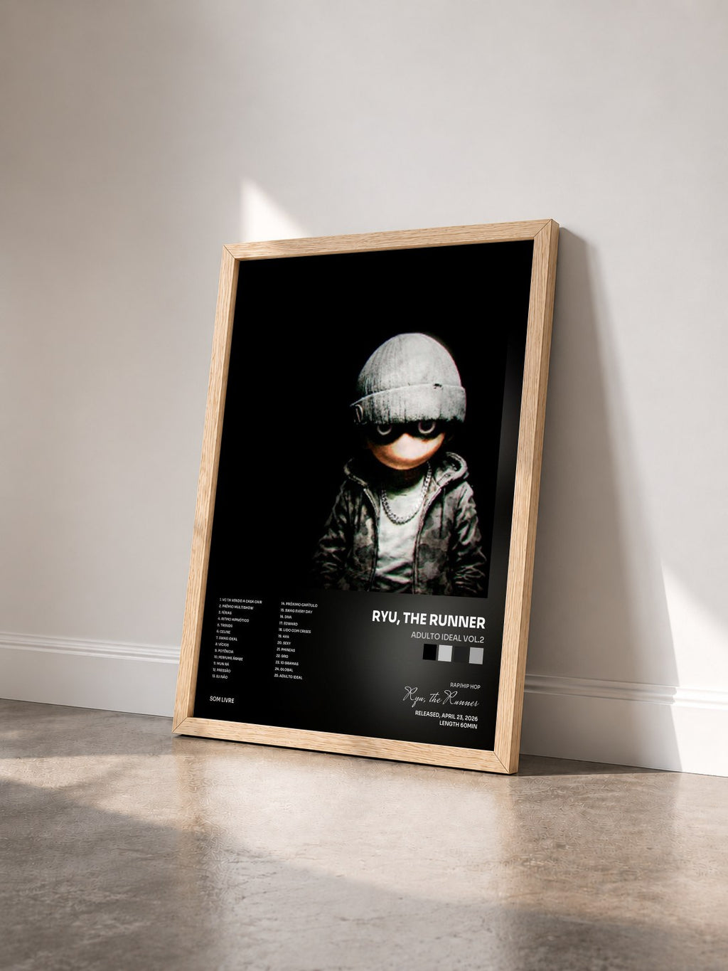 #bois Tableau de l'album ADULTO IDEAL VOL.2 de Ryu, the Runner vu de trois quarts, cadre en bois brut