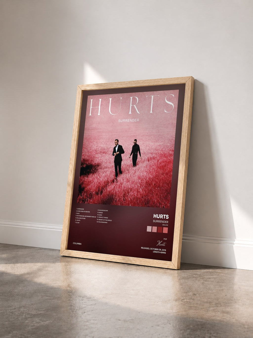 #bois Tableau de l'album Surrender (Deluxe) de Hurts vu de trois quarts, cadre en bois brut