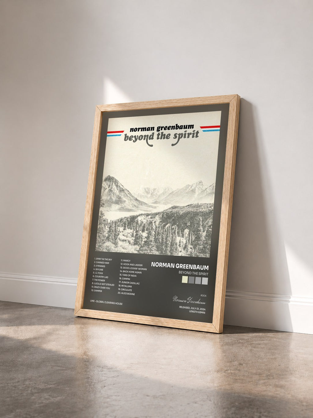 #bois Tableau de l'album Beyond The Spirit de Norman Greenbaum vu de trois quarts, cadre en bois brut