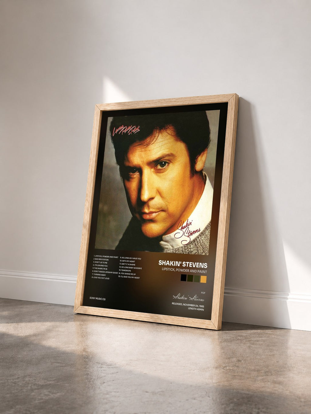 #bois Tableau de l'album Lipstick, Powder and Paint de Shakin' Stevens vu de trois quarts, cadre en bois brut