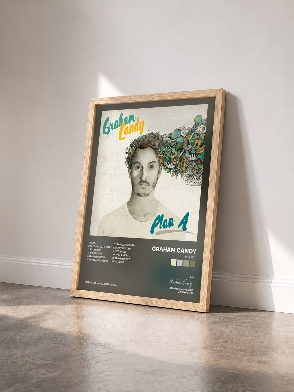 #bois Tableau de l'album Plan A de Graham Candy vu de trois quarts, cadre en bois brut