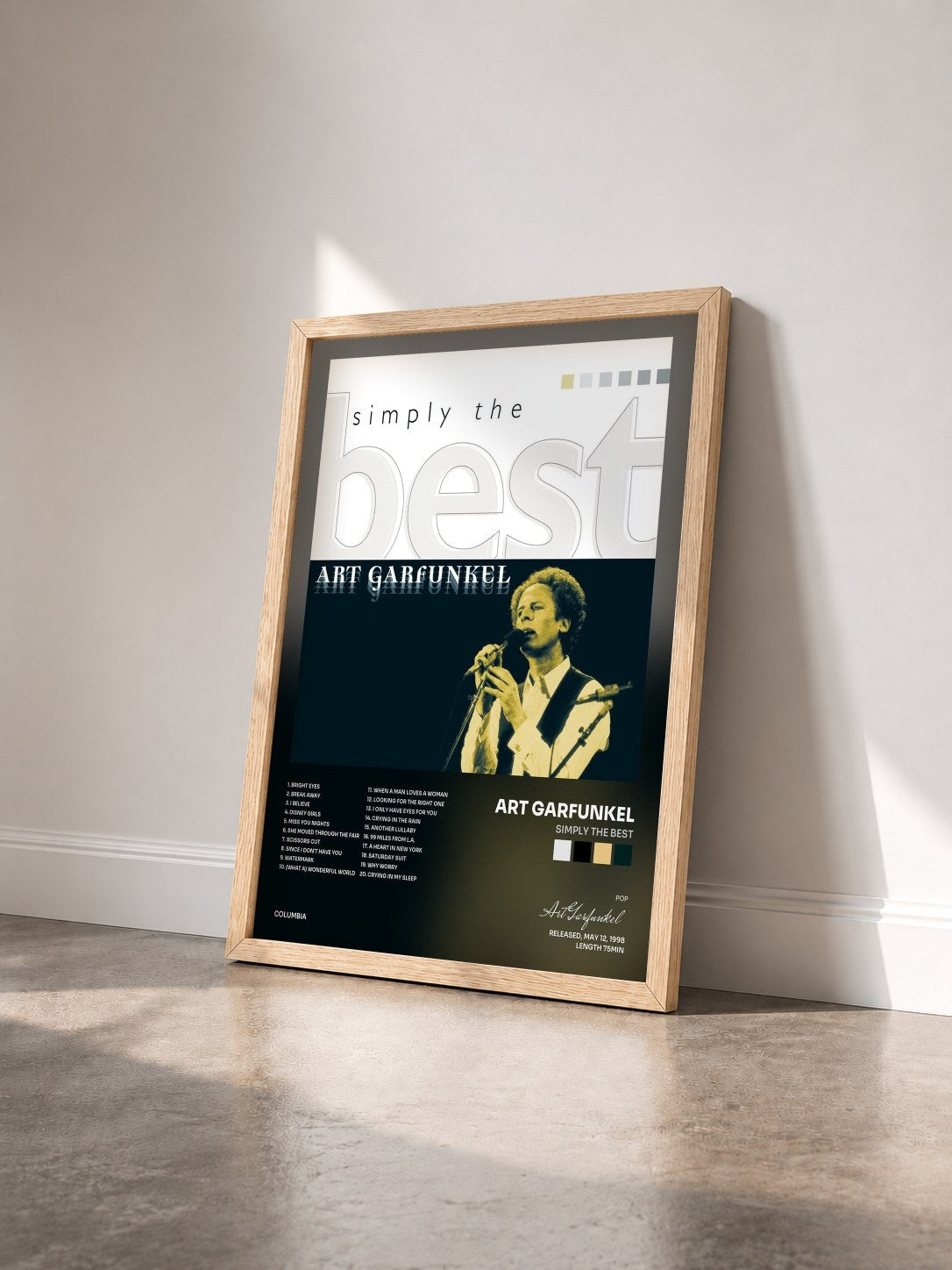 #bois Tableau de l'album Simply The Best de Art Garfunkel vu de trois quarts, cadre en bois brut