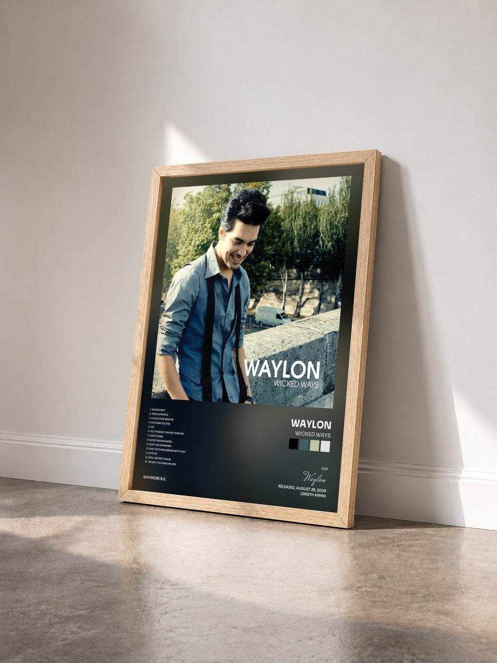 #bois Tableau de l'album Wicked Ways de Waylon vu de trois quarts, cadre en bois brut
