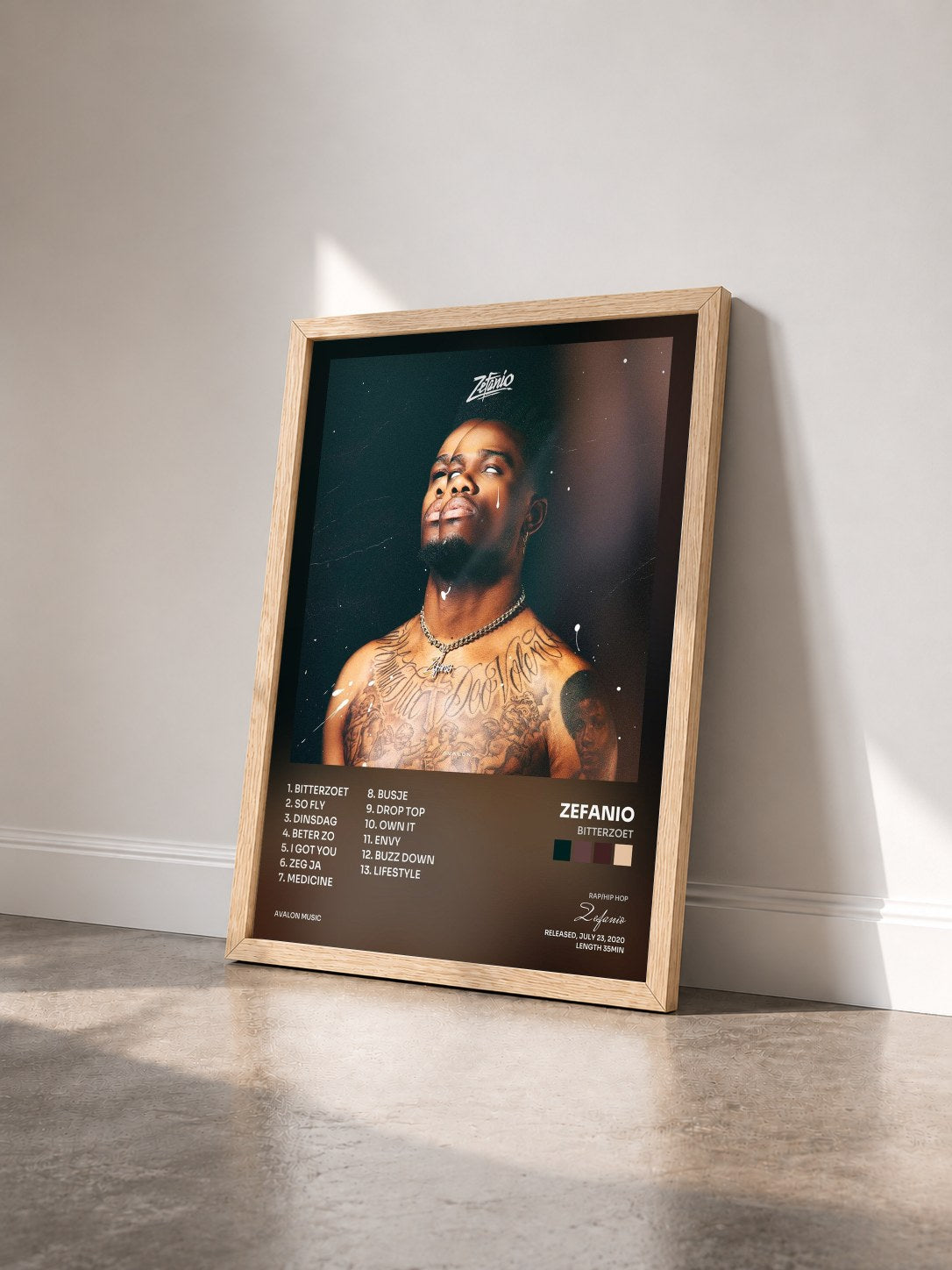 #bois Tableau de l'album Bitterzoet de Zefanio vu de trois quarts, cadre en bois brut