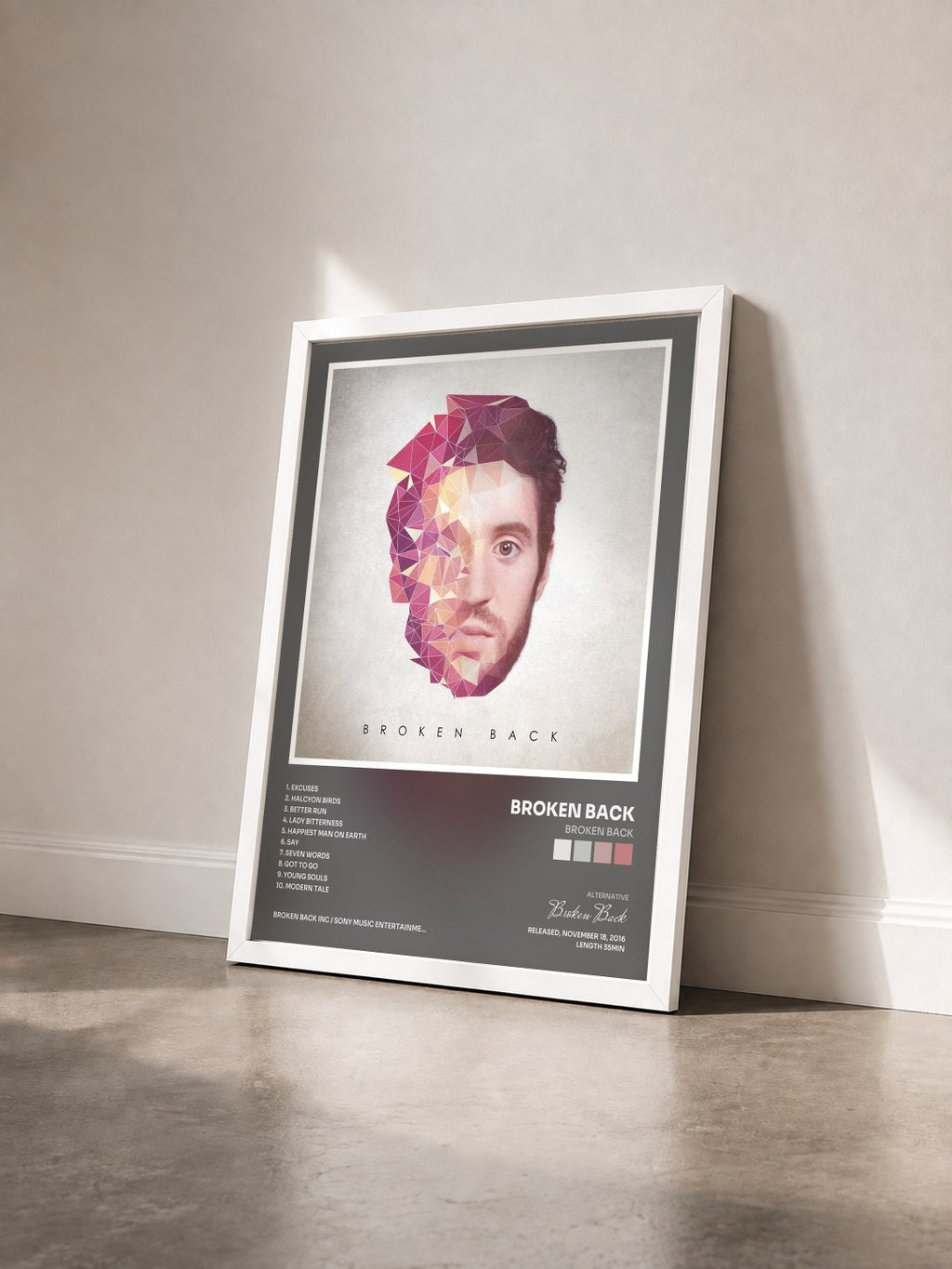 #blanc Tableau de l'album Broken Back de Broken Back vu de trois quarts, cadre blanc