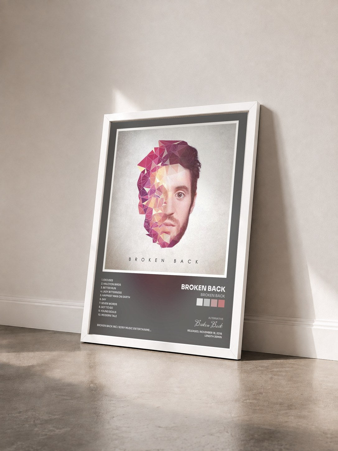 #blanc Tableau de l'album Broken Back de Broken Back vu de trois quarts, cadre blanc