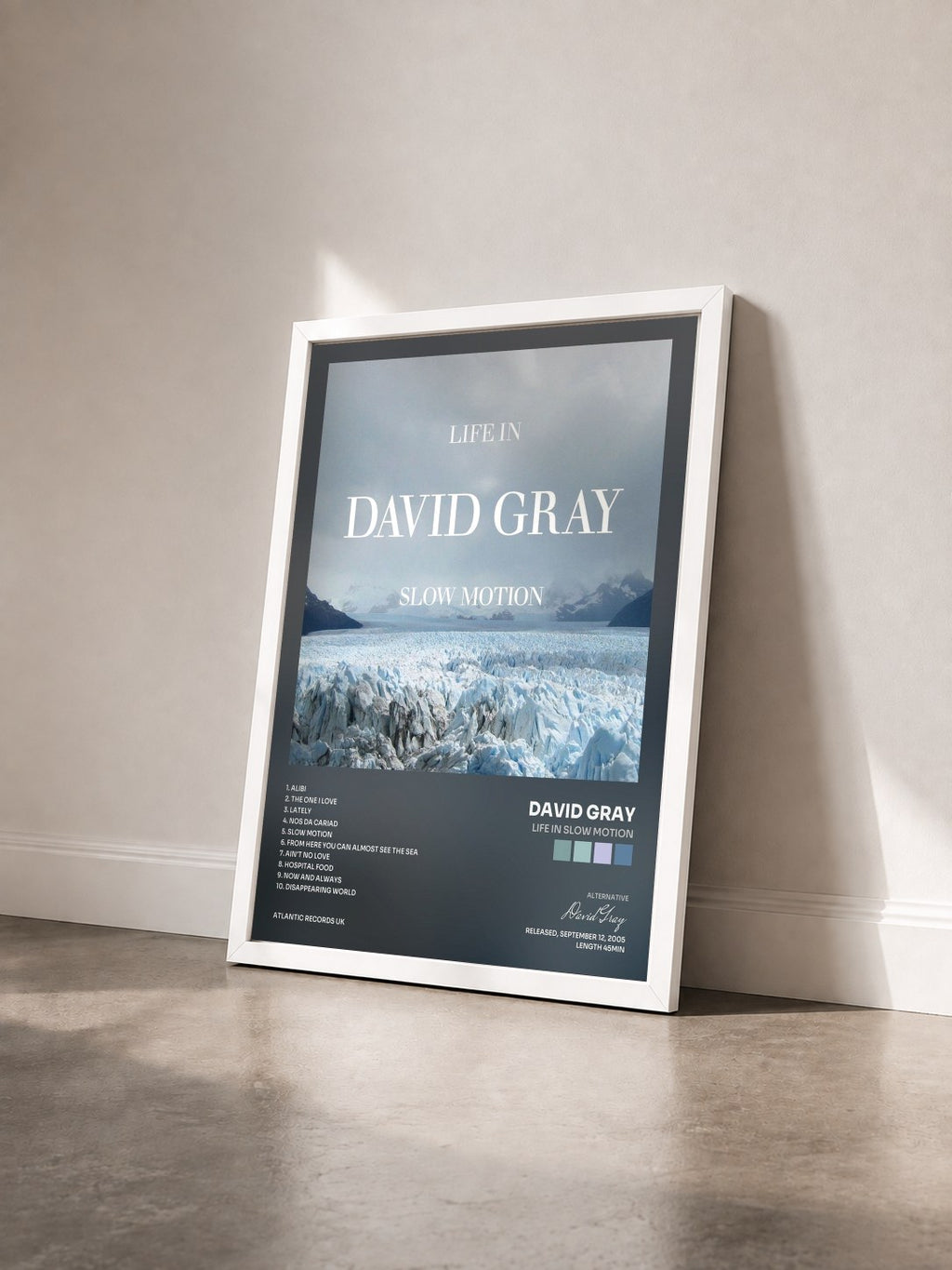 #blanc Tableau de l'album Life In Slow Motion de David Gray vu de trois quarts, cadre blanc