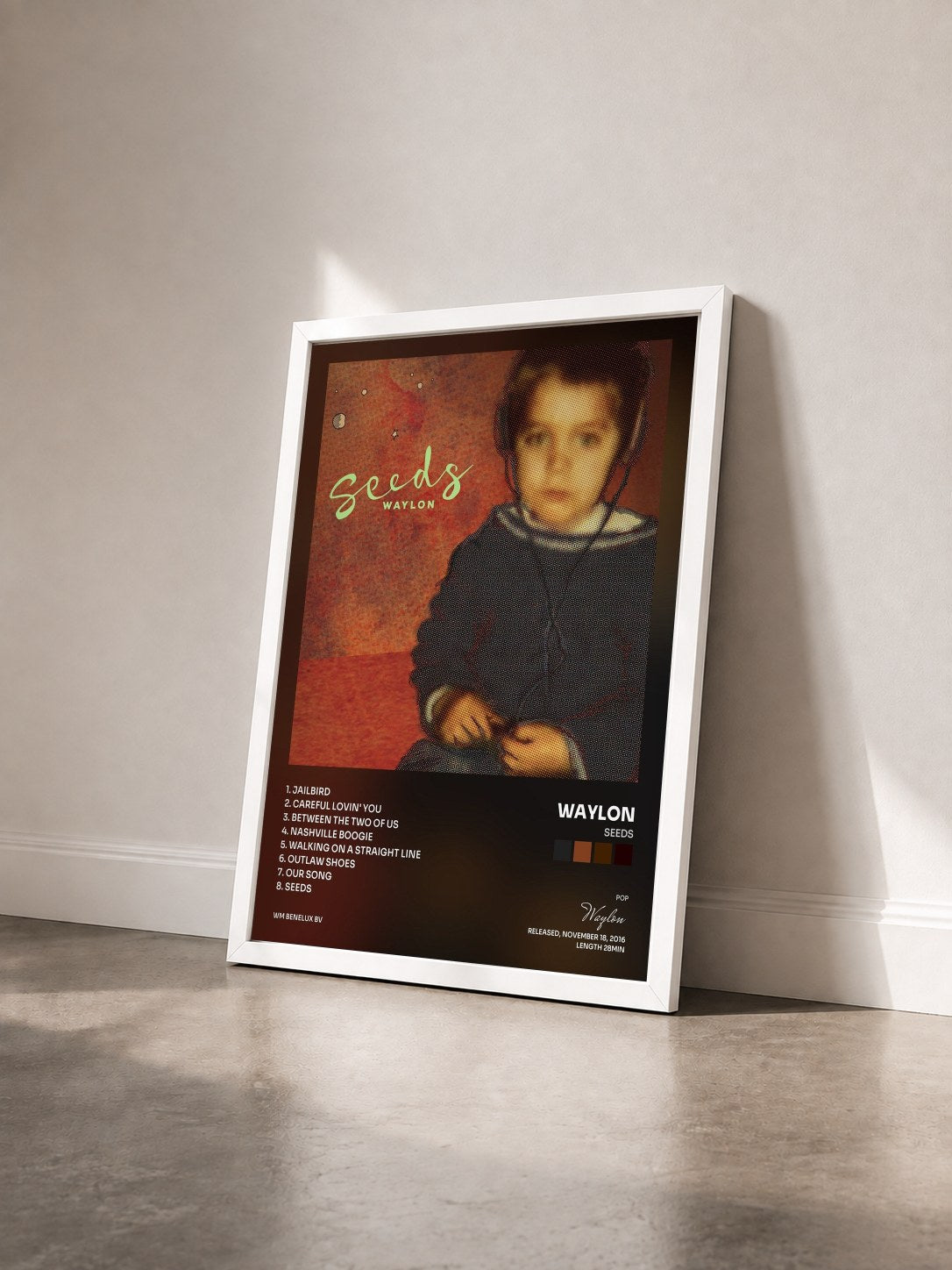 #blanc Tableau de l'album Seeds de Waylon vu de trois quarts, cadre blanc