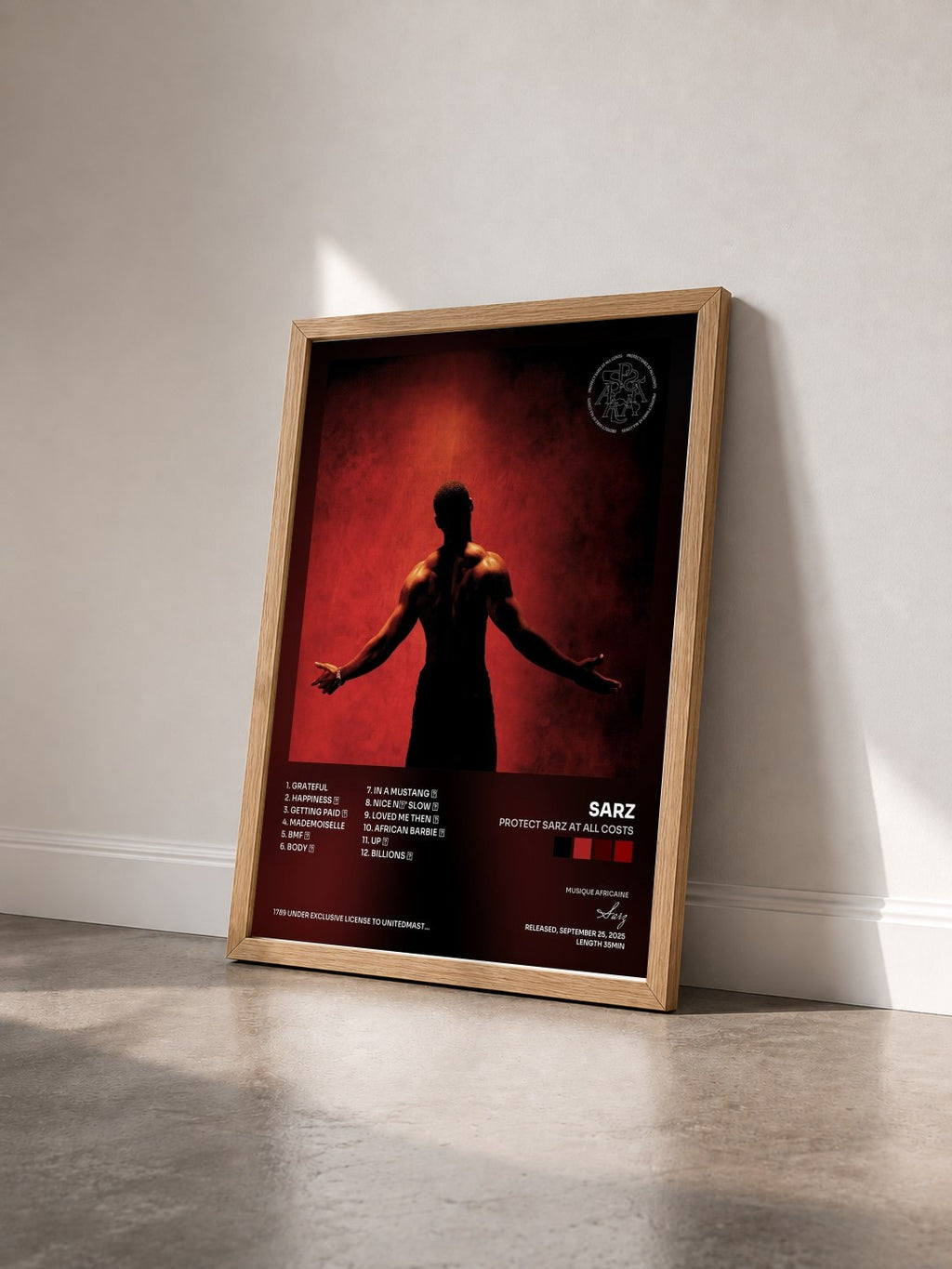 #bois Tableau de l'album Protect Sarz At All Costs de Sarz vu de trois quarts, cadre en bois brut