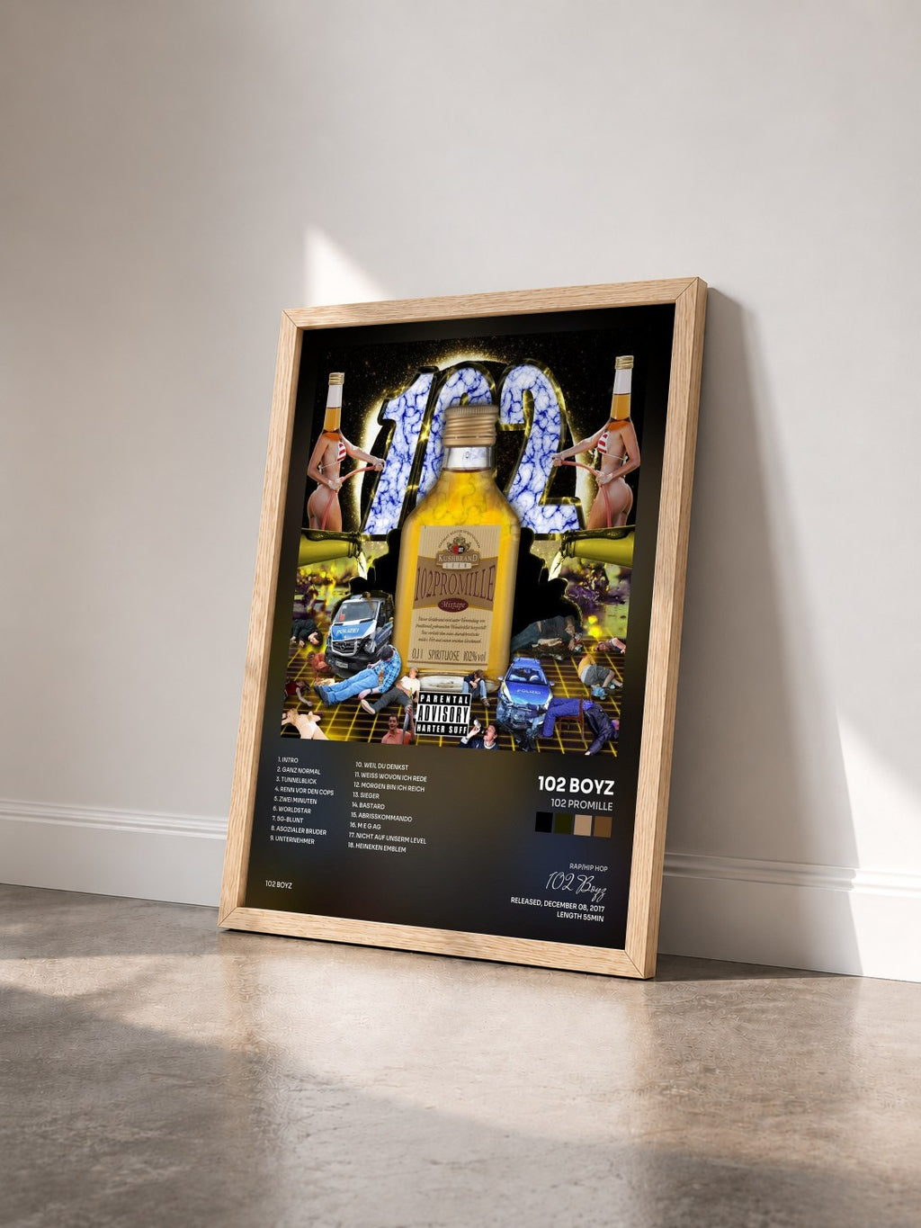 #bois Tableau de l'album 102 Promille de 102 Boyz vu de trois quarts, cadre en bois brut