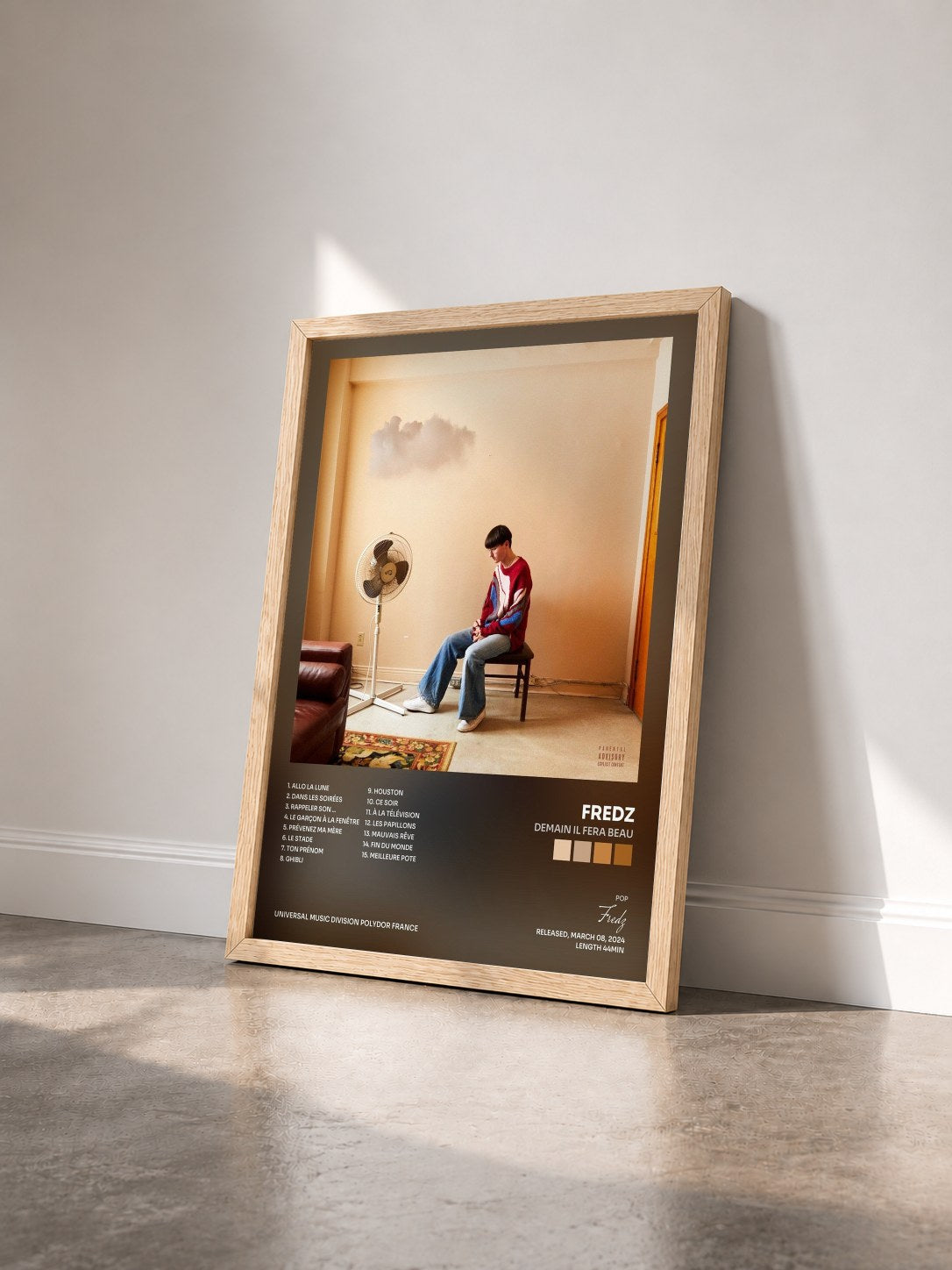 #bois Tableau de l'album Demain il fera beau de Fredz vu de trois quarts, cadre en bois brut