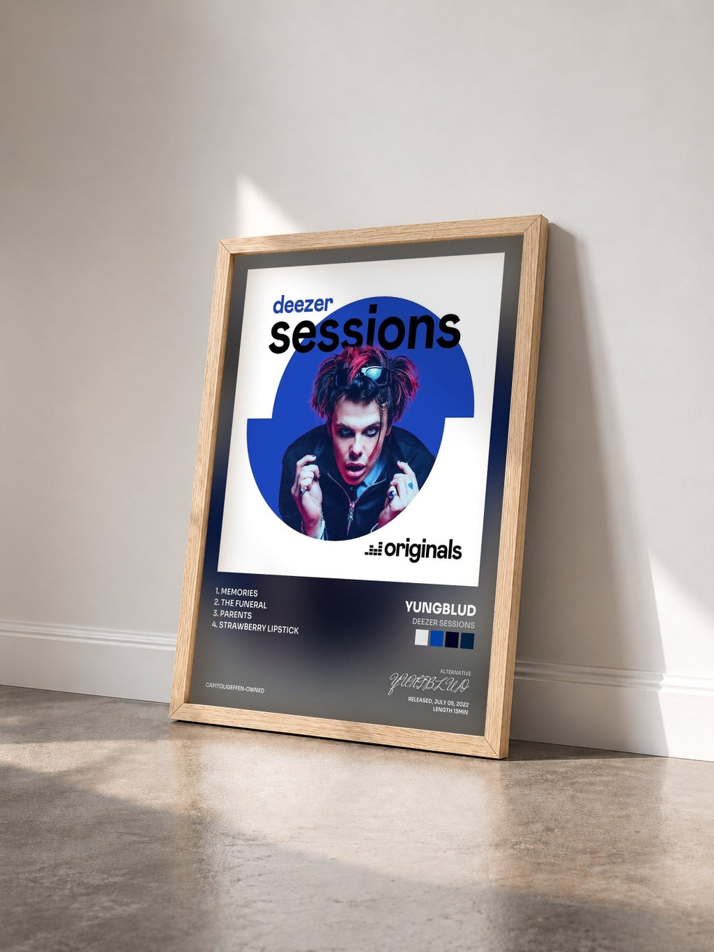 #bois Tableau de l'album Deezer Sessions de YUNGBLUD vu de trois quarts, cadre en bois brut