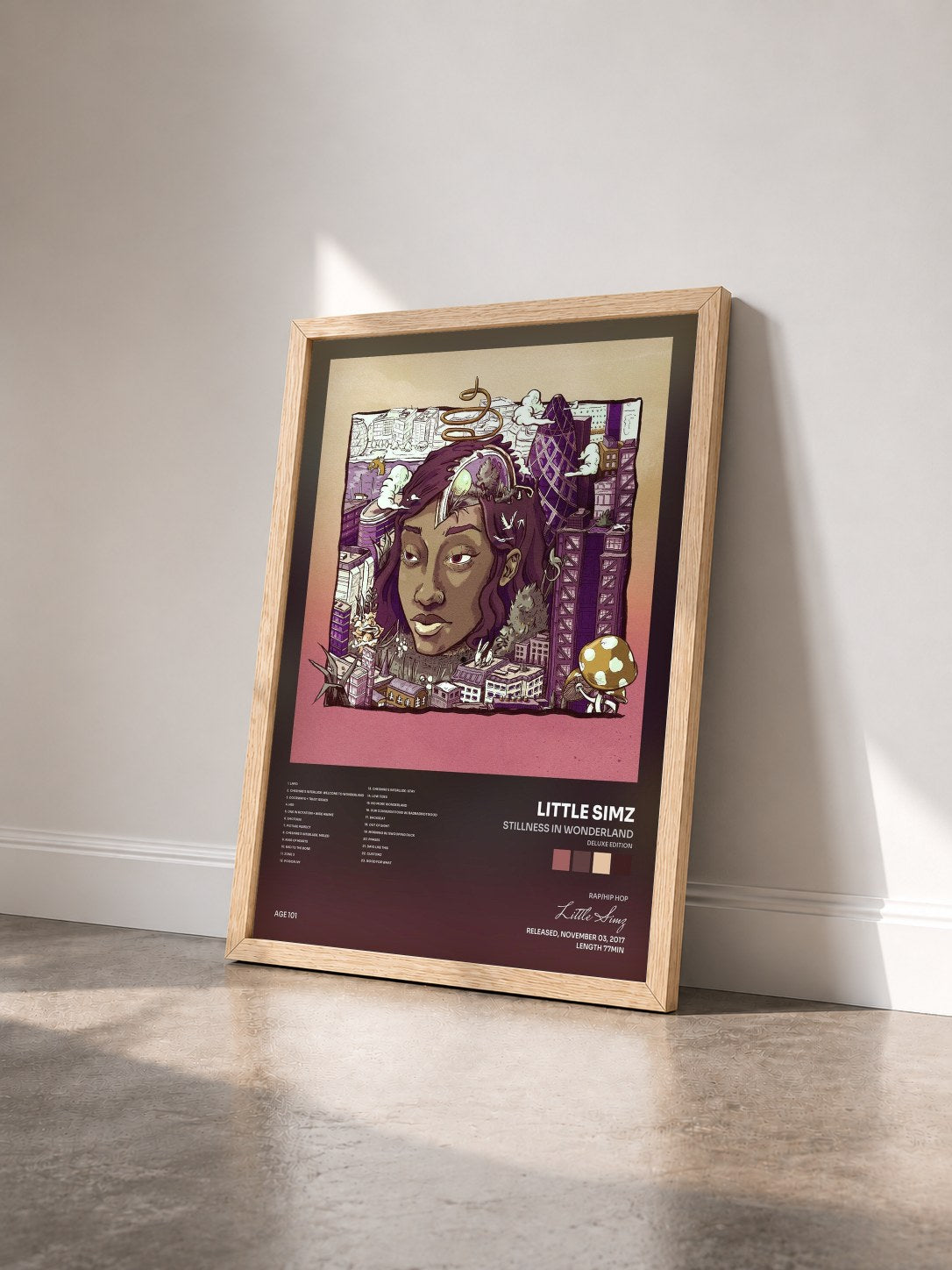 #bois Tableau de l'album Stillness In Wonderland (Deluxe Edition) de Little Simz vu de trois quarts, cadre en bois brut