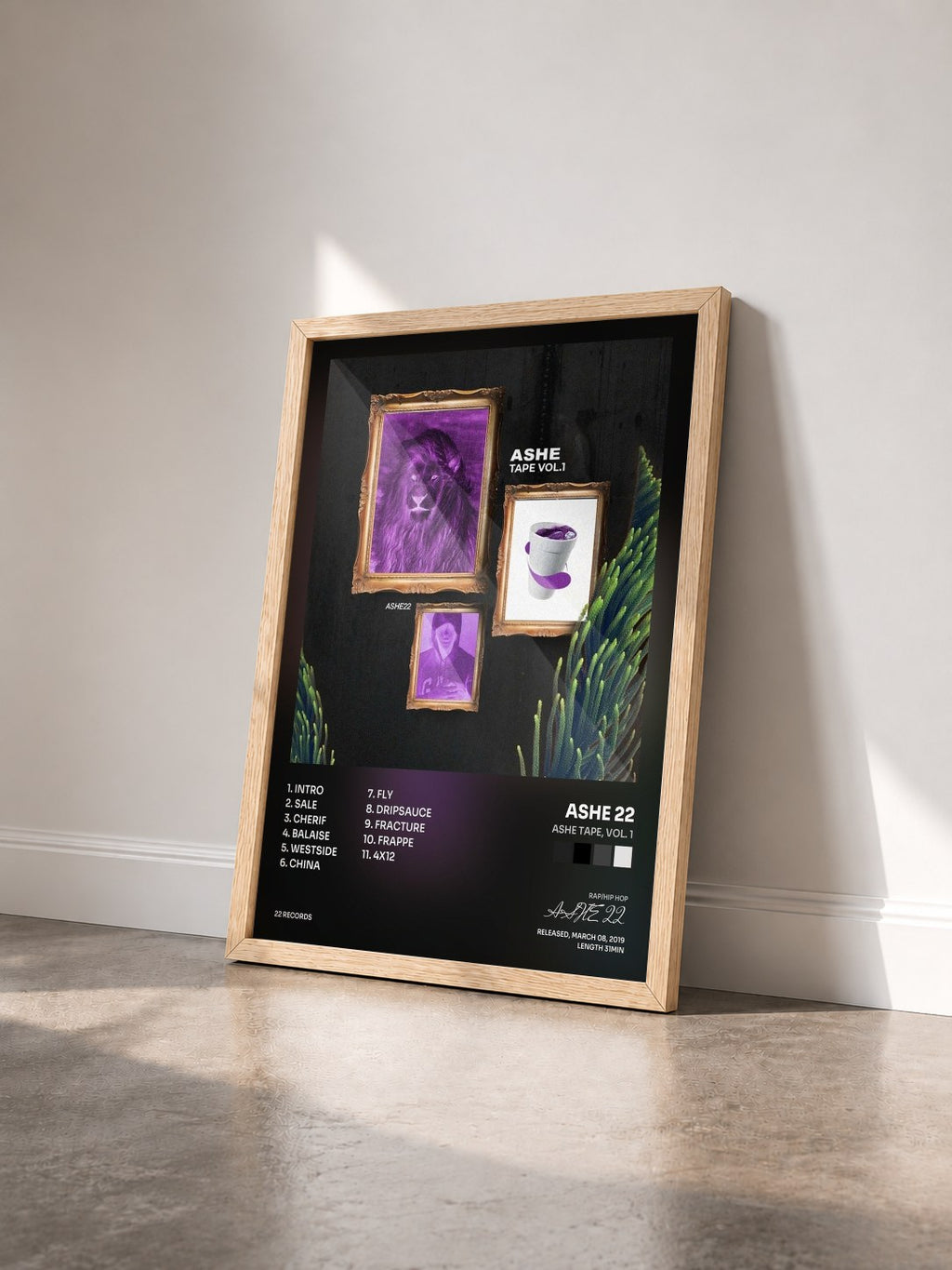 #bois Tableau de l'album Ashe Tape, Vol. 1 de ASHE 22 vu de trois quarts, cadre en bois brut