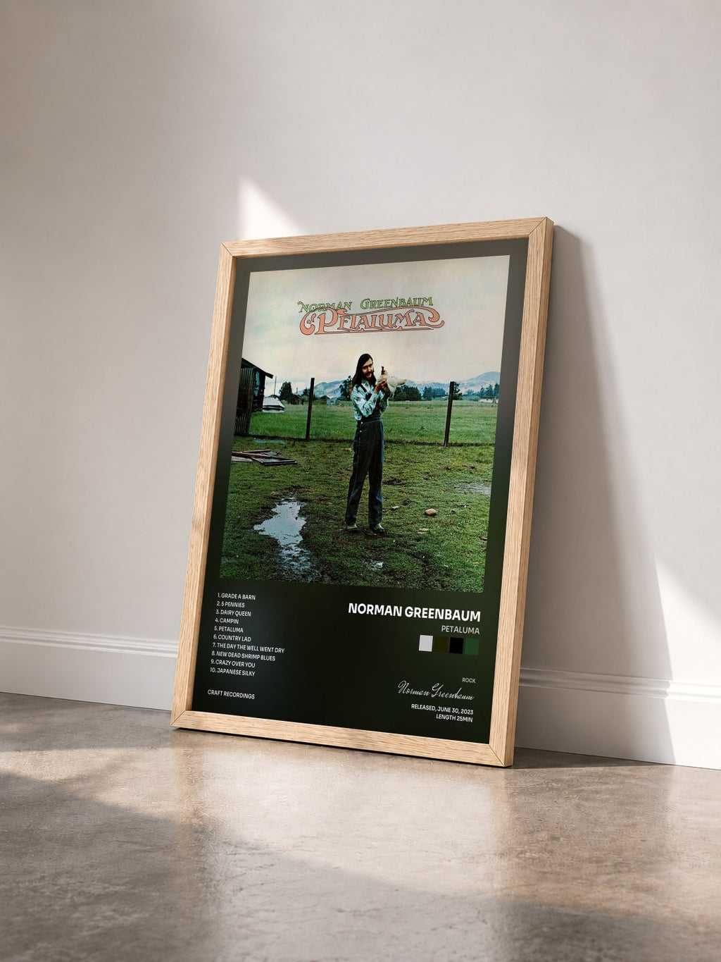 #bois Tableau de l'album Petaluma de Norman Greenbaum vu de trois quarts, cadre en bois brut