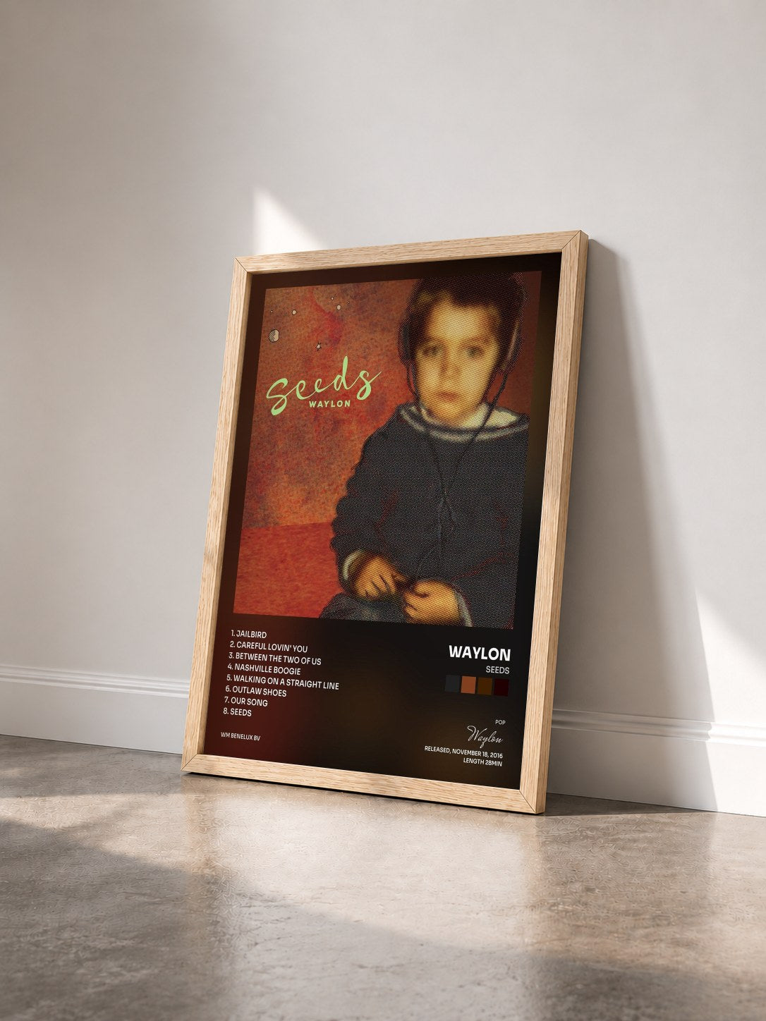#bois Tableau de l'album Seeds de Waylon vu de trois quarts, cadre en bois brut
