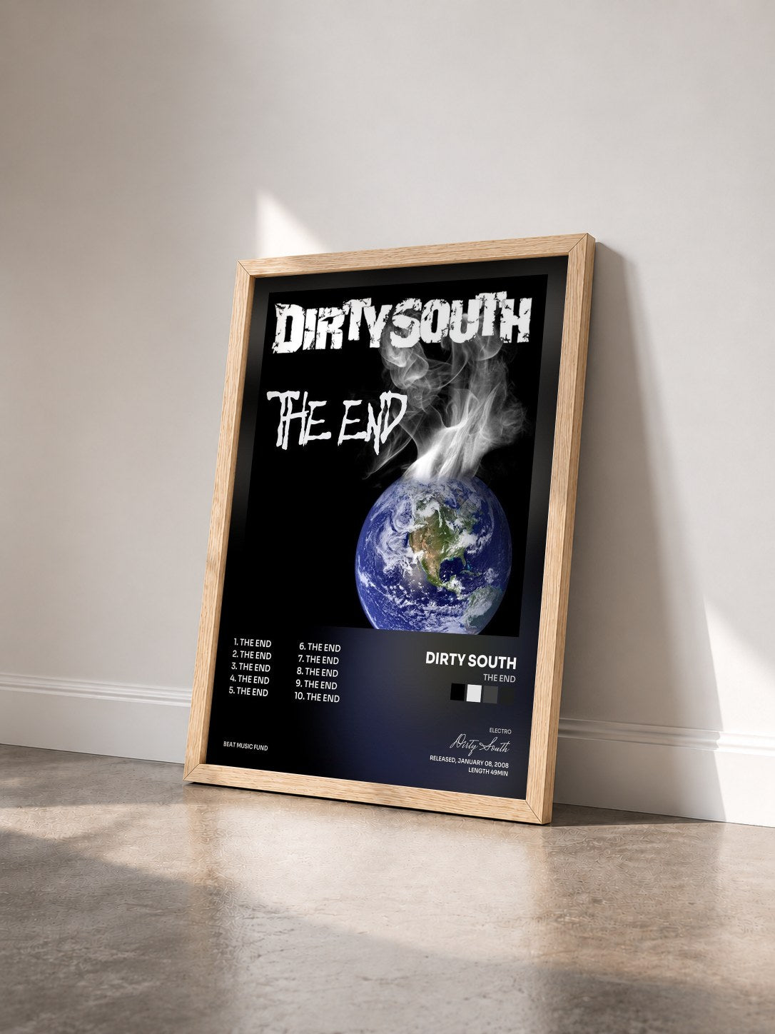 #bois Tableau de l'album The End de Dirty South vu de trois quarts, cadre en bois brut