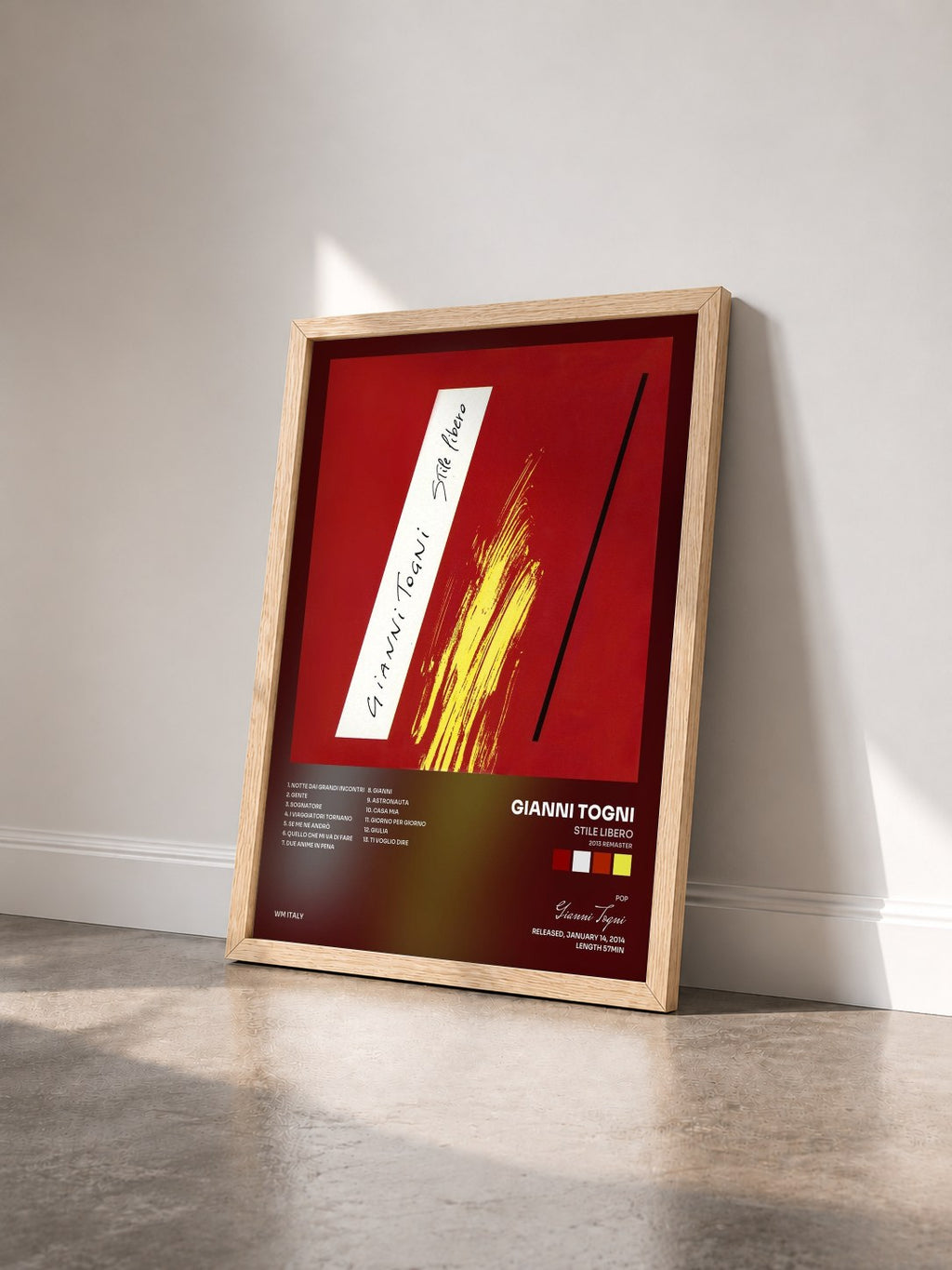 #bois Tableau de l'album Stile libero (2013 Remaster) de Gianni Togni vu de trois quarts, cadre en bois brut