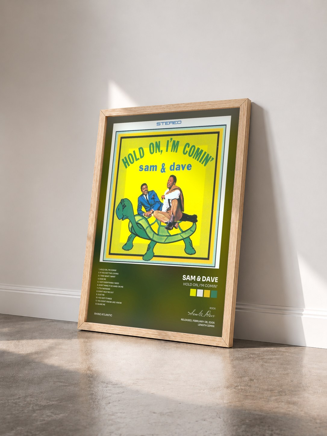 #bois Tableau de l'album Hold On, I'm Comin' de Sam & Dave vu de trois quarts, cadre en bois brut