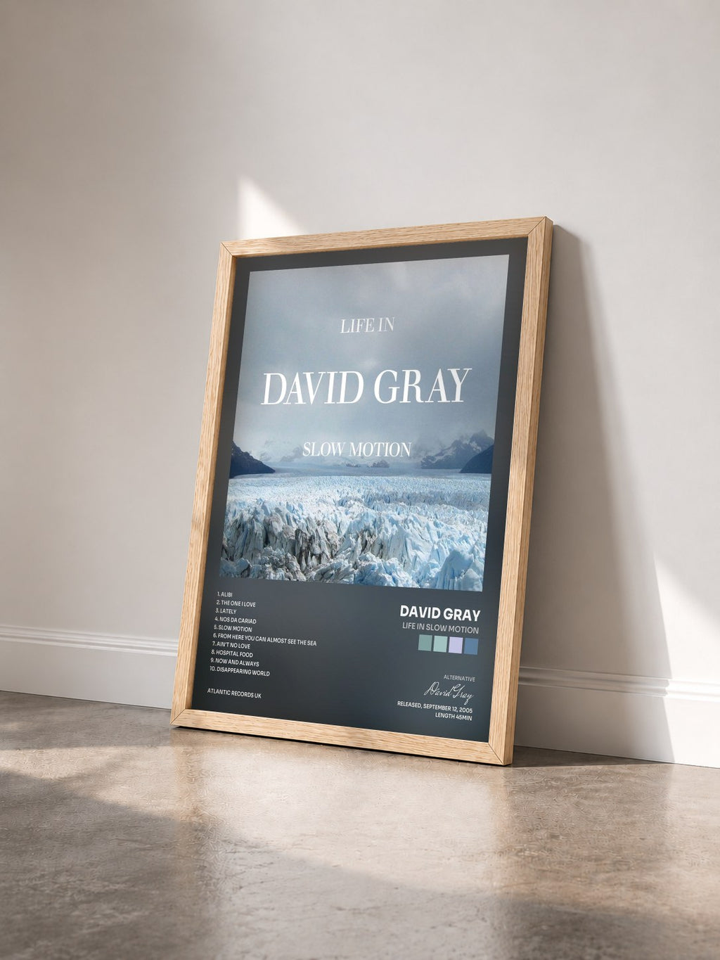 #bois Tableau de l'album Life In Slow Motion de David Gray vu de trois quarts, cadre en bois brut