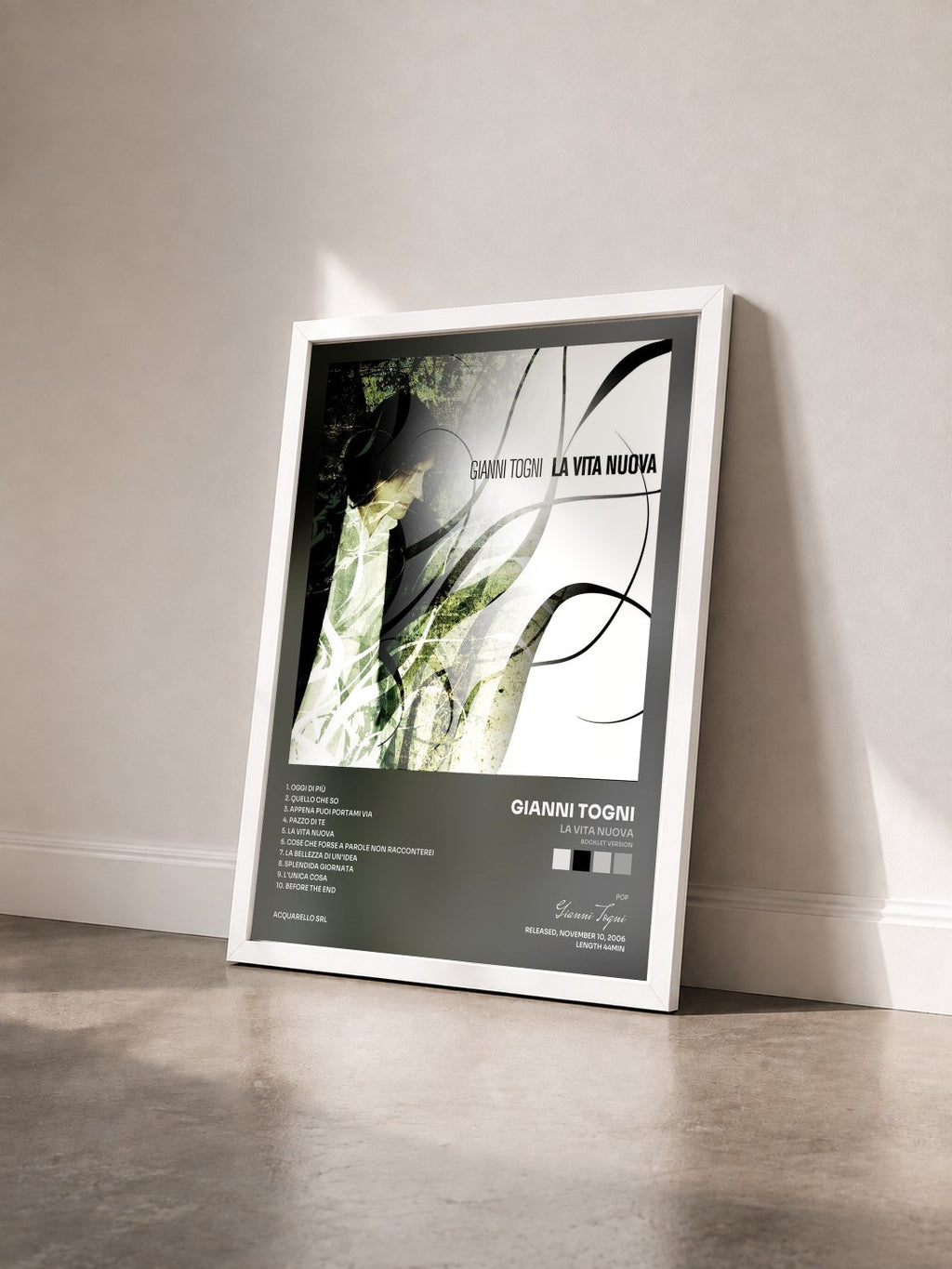 #blanc Tableau de l'album La vita nuova (Booklet Version) de Gianni Togni vu de trois quarts, cadre blanc