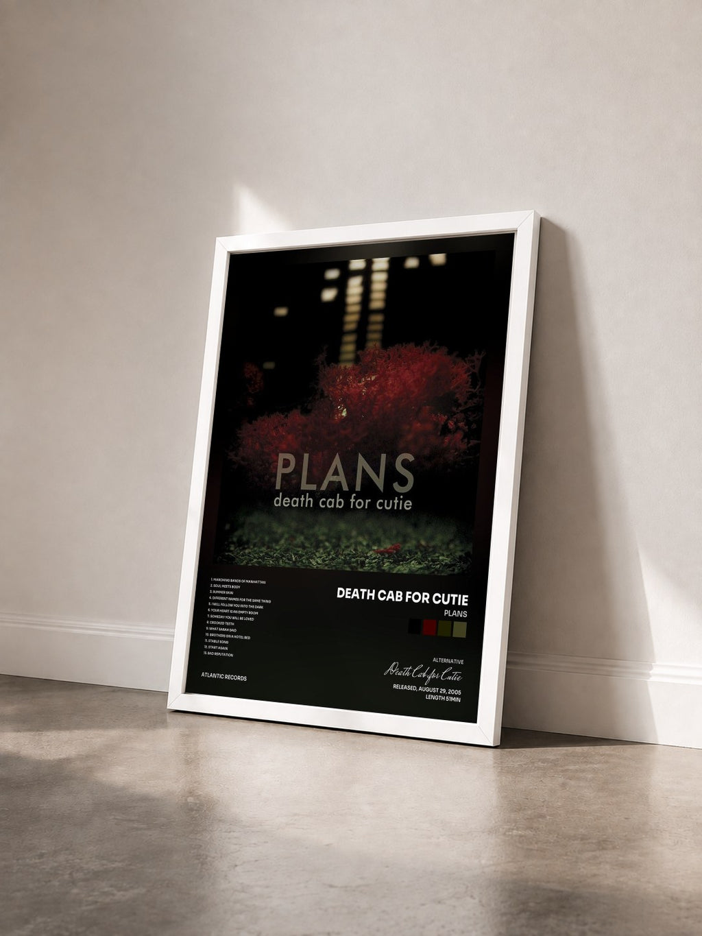 #blanc Tableau de l'album Plans de Death Cab for Cutie vu de trois quarts, cadre blanc